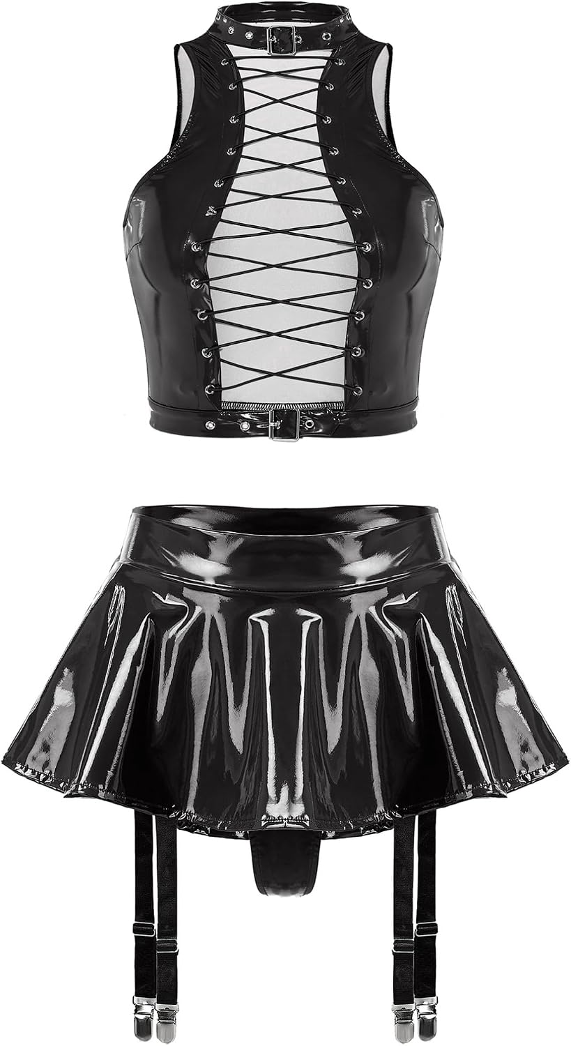 ranrann Women Sexy Latex Two Piece Lingerie Outfits Halter Top And Ruffle Mini Skirt Garter Belt Set Black Small