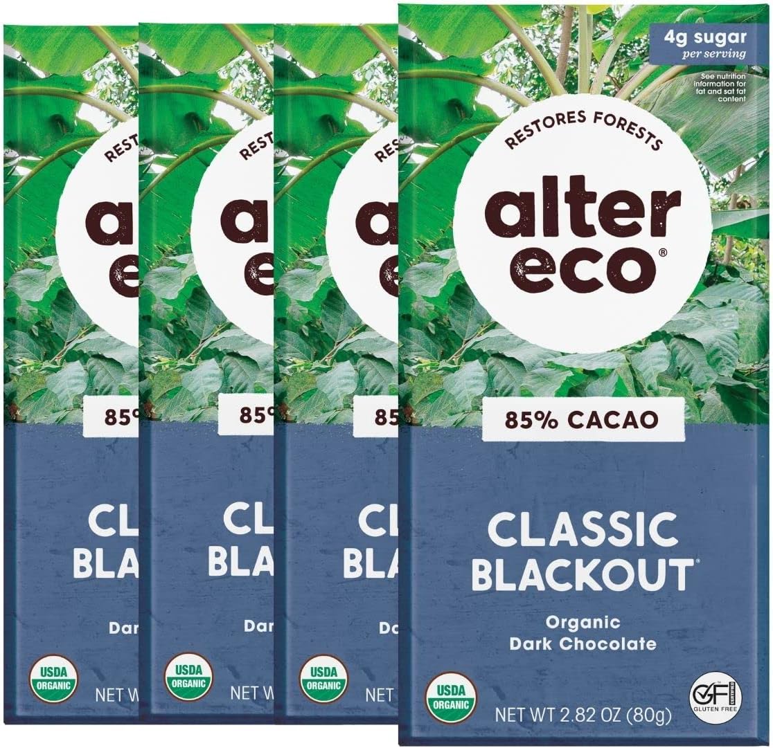 Alter Eco | Classic Blackout | 85% Pure Dark Cocoa, Fair Trade, Organic, Non-GMO, Gluten Free Dark Chocolate Bar, 4 Bars
