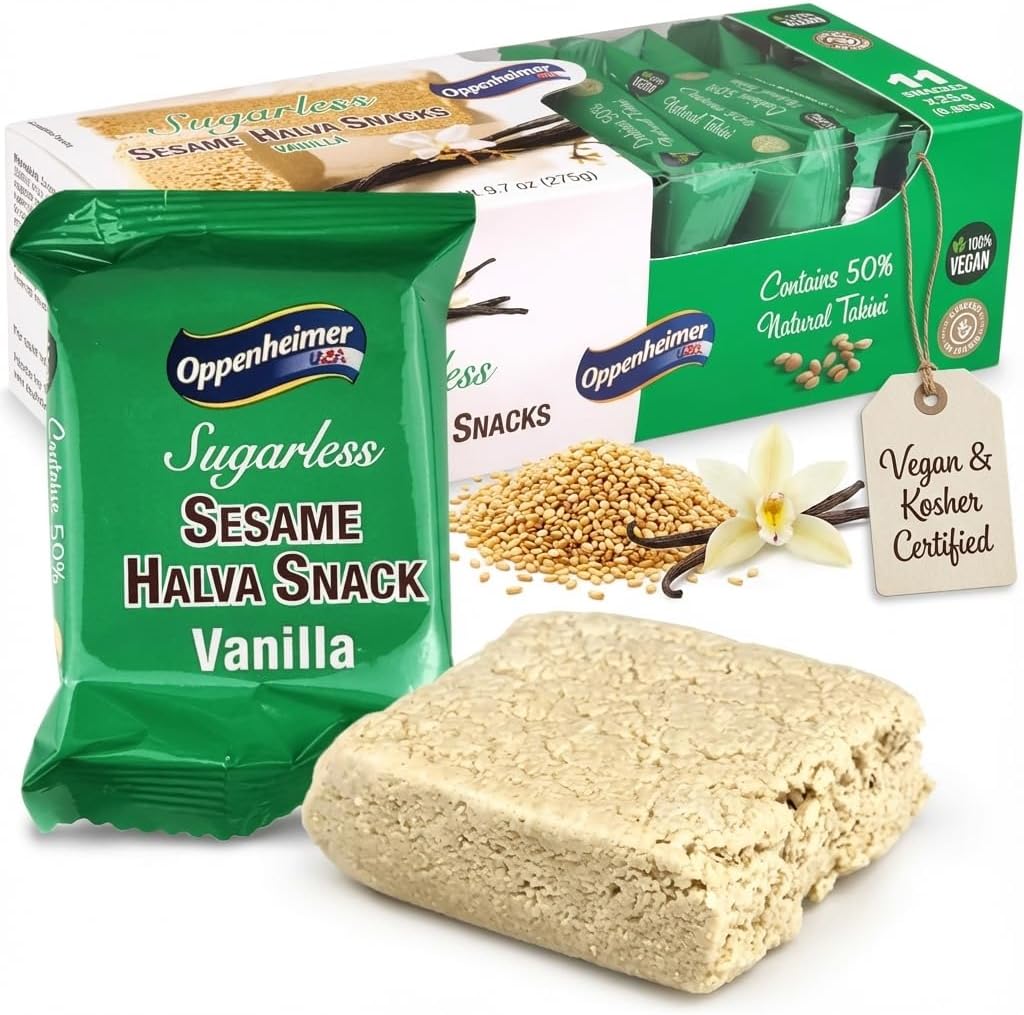 Sugarless Sesame Halva Snacks Vanilla Flavors - Delicious Sweet Israeli Mini Snacks Sesame Tahini Bars for Melt-in-Your Mouth Delight, Perfect Halvah for Any Occasion - Vegan, Kosher - 11 Pack, 9.7 Oz