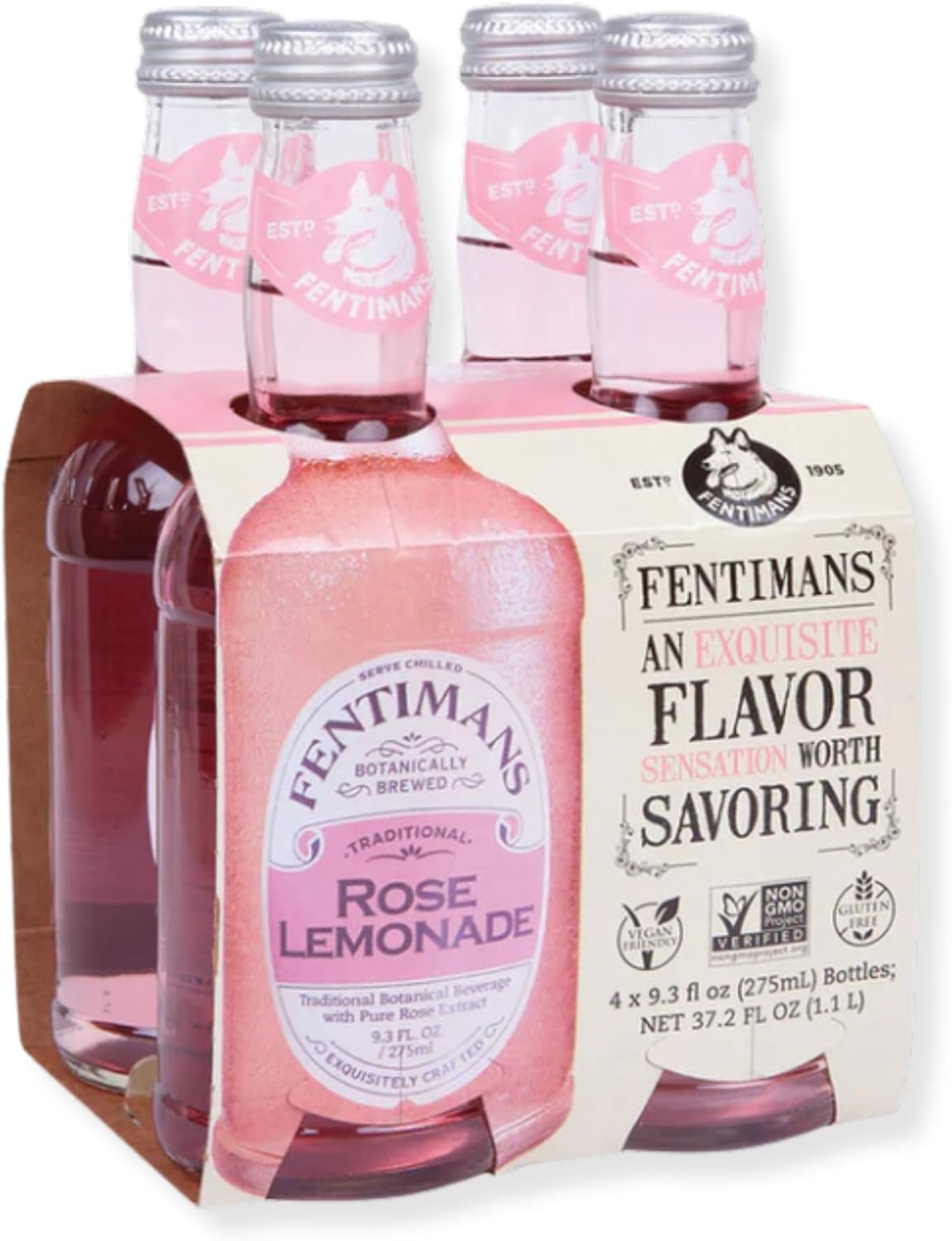 Fentimans Sparkling Rose Lemonade - Sparkling Pink Lemonade with Natural Ingredients & Pure Rose Extract, Mixer, Craft Soda, Botanically Brewed Lemonade - 9.3 Fl Oz (Pack of 4)