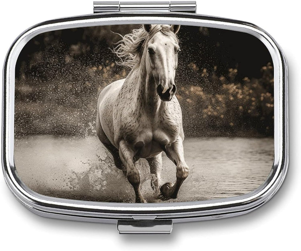 Horse Running by The Water Pill Box,2 Compartments Square Pills Container,Portable for Pocket Or Purse Pill Organizer to Hold Vitamins,Medication,Fish Oil,etc