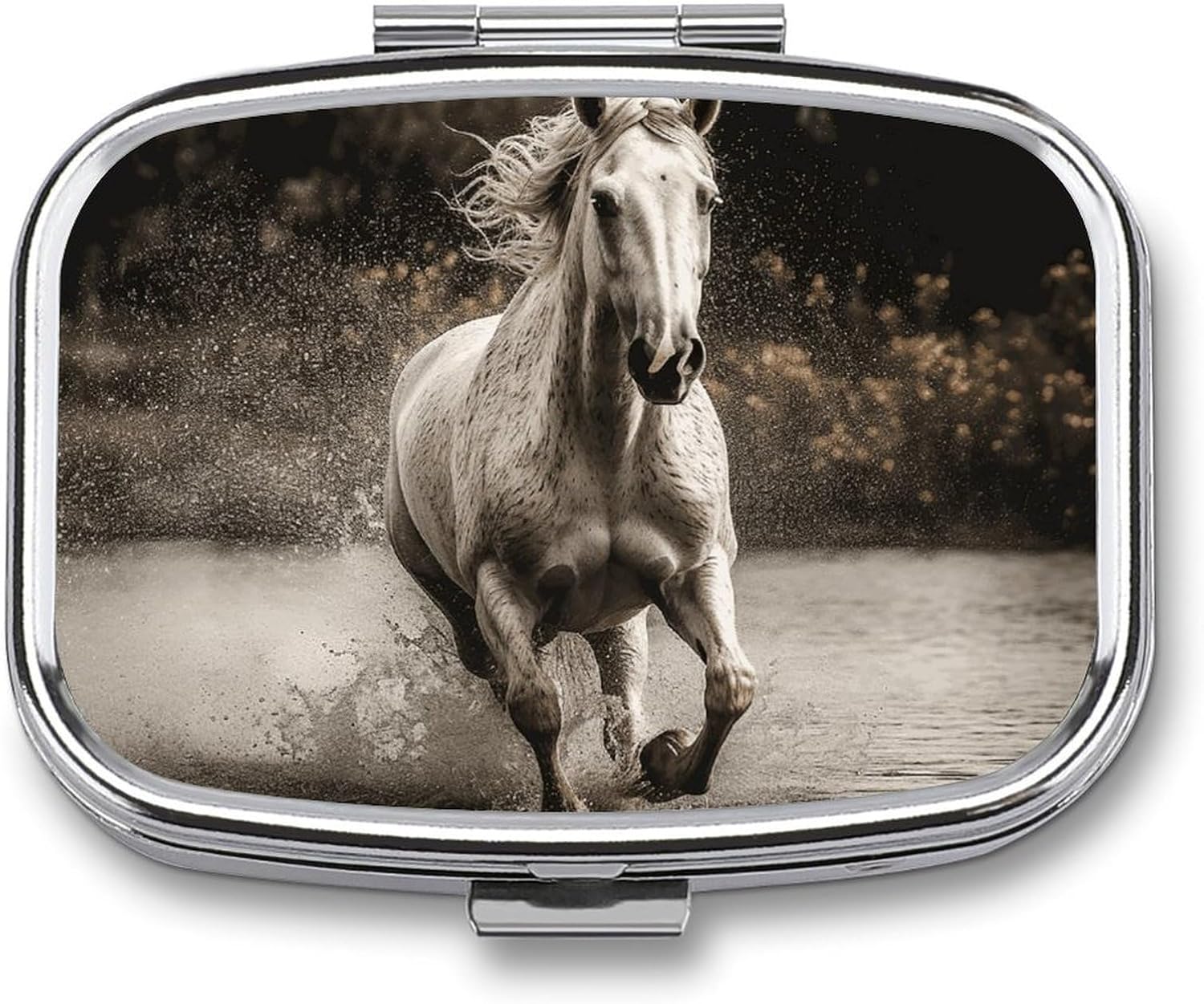 Horse Running by The Water Pill Box,2 Compartments Square Pills Container,Portable for Pocket Or Purse Pill Organizer to Hold Vitamins,Medication,Fish Oil,etc