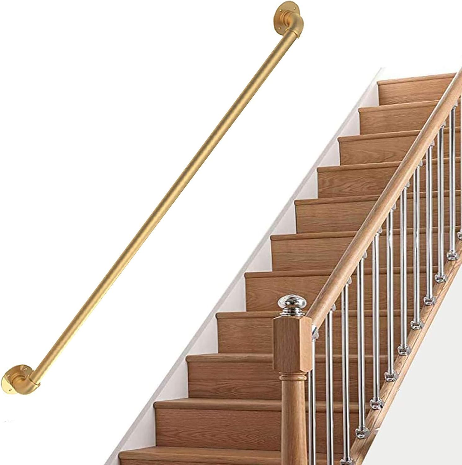 JLXJ 1.5ft-13ft Gold Handrail with Complete Kit, Non-Slip Stair Handrails Loft Corridor Wall Banister Handicap Grab Bars for Elderly Disabled Children (Size : 0.8m(2.5ft))