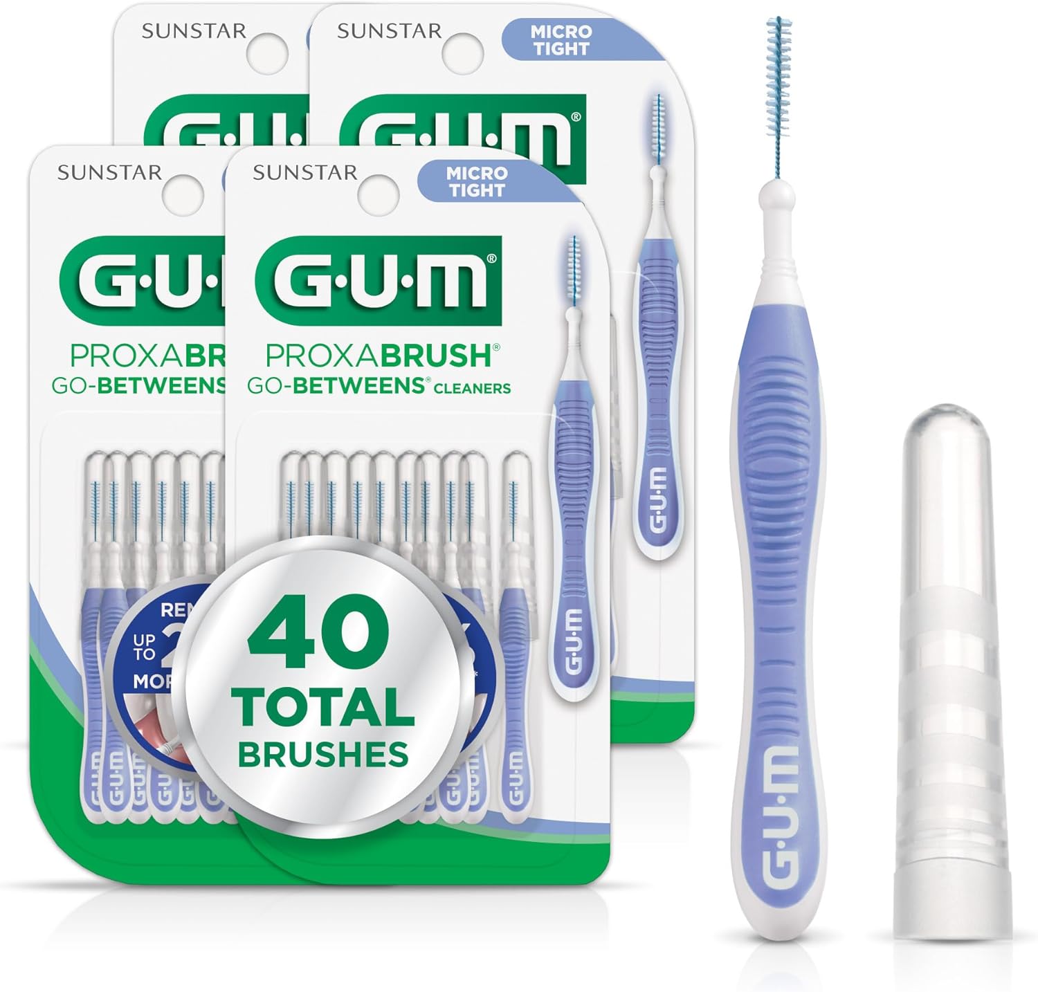 GUM Proxabrush Go-Betweens - Micro Tight- Interdental Brushes - Soft Bristled Dental Picks for Plaque Removal Health - Safe for Braces & Dental Devices, 10 Count (Pack of 4) 40 Total