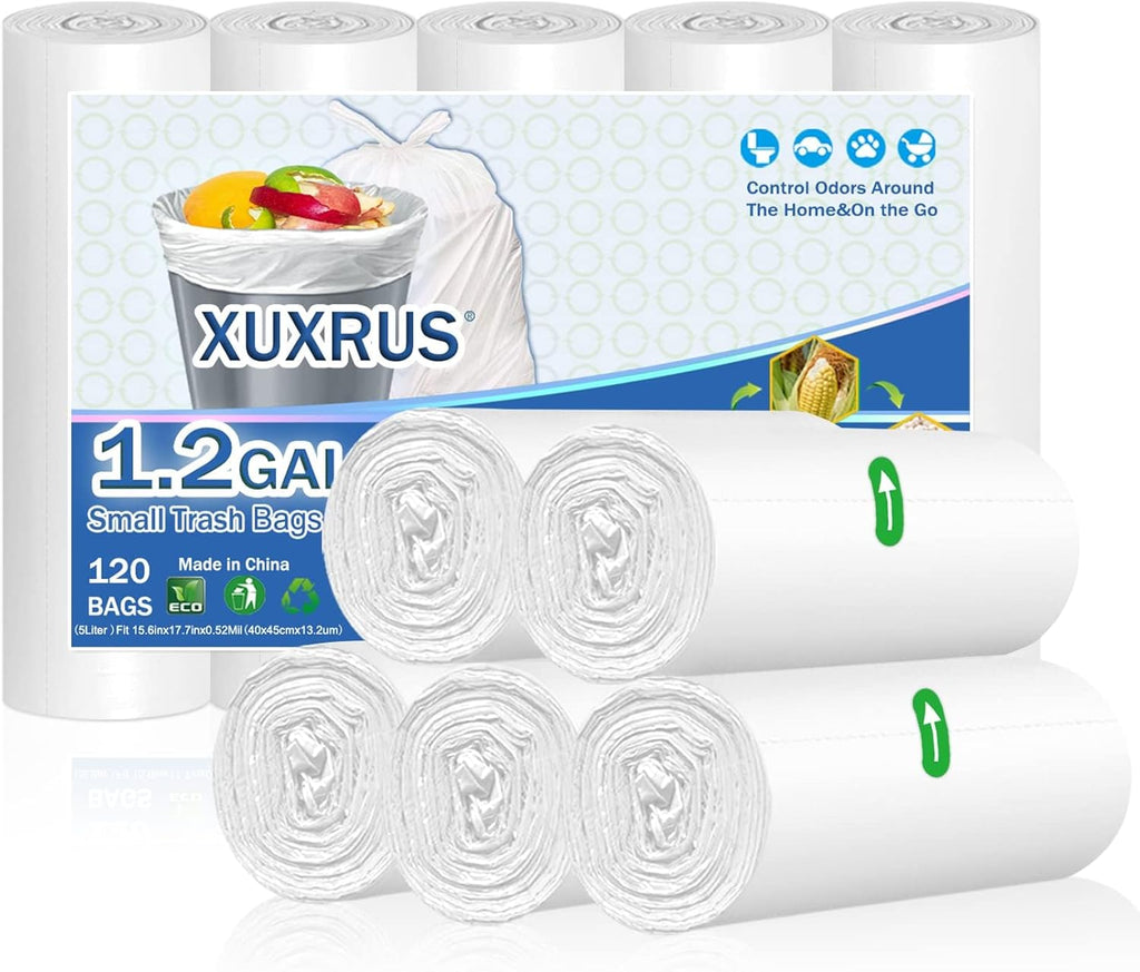XUXRUS Small Trash Bags 1.2 Gallon - 5 Liter Waste Basket Trash Bags Bathroom Garbage Bags for Toilet,Office,120 Count,White