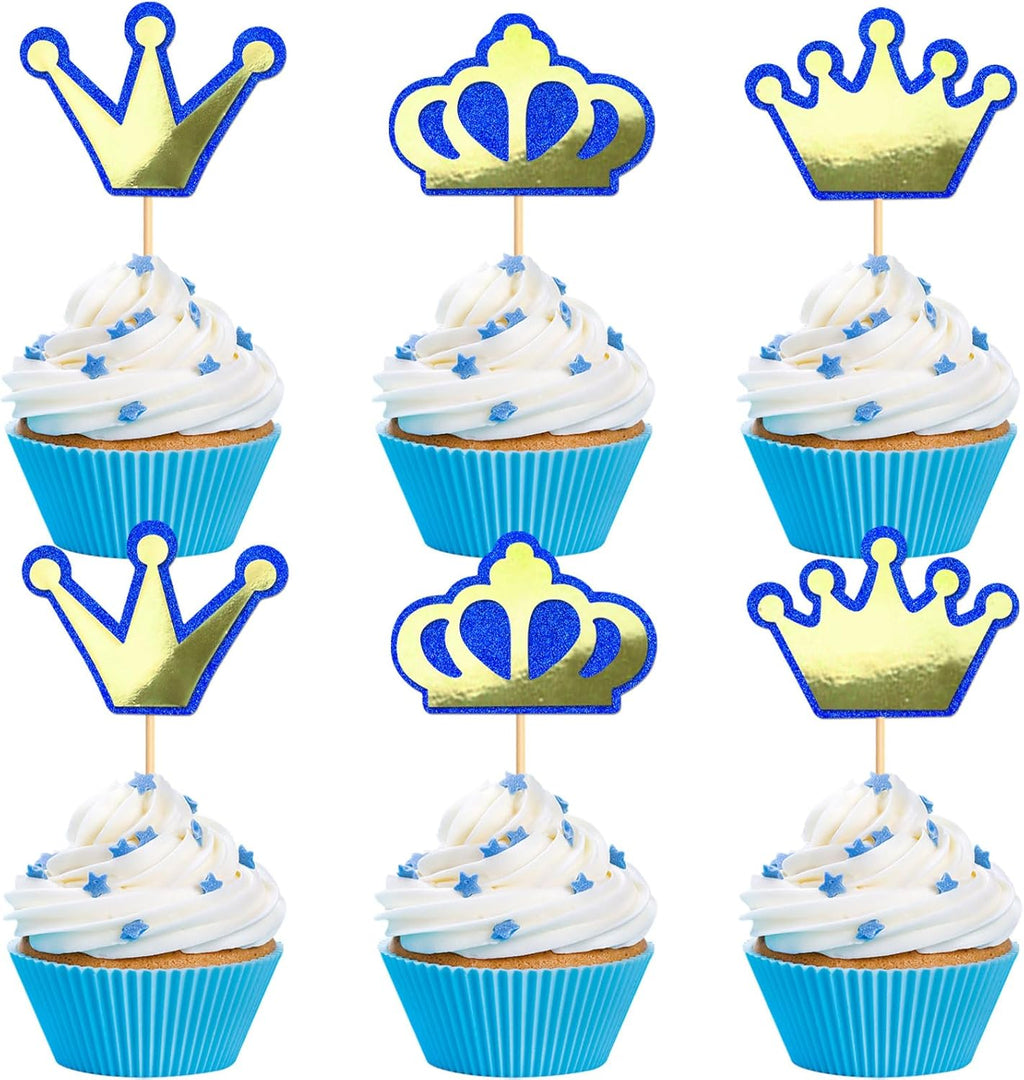 Ercadio 24 Pack Prince Crown Cupcake Toppers GlitterGold Blue King Crowns Cupcake Picks for Baby Shower Boys Birthday Party Cake Decorations Supplies