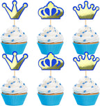 Ercadio 24 Pack Prince Crown Cupcake Toppers GlitterGold Blue King Crowns Cupcake Picks for Baby Shower Boys Birthday Party Cake Decorations Supplies