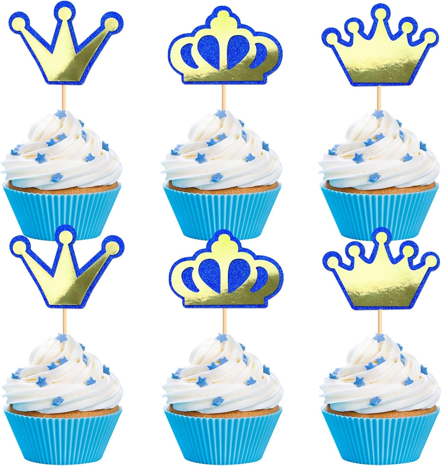 Ercadio 24 Pack Prince Crown Cupcake Toppers GlitterGold Blue King Crowns Cupcake Picks for Baby Shower Boys Birthday Party Cake Decorations Supplies
