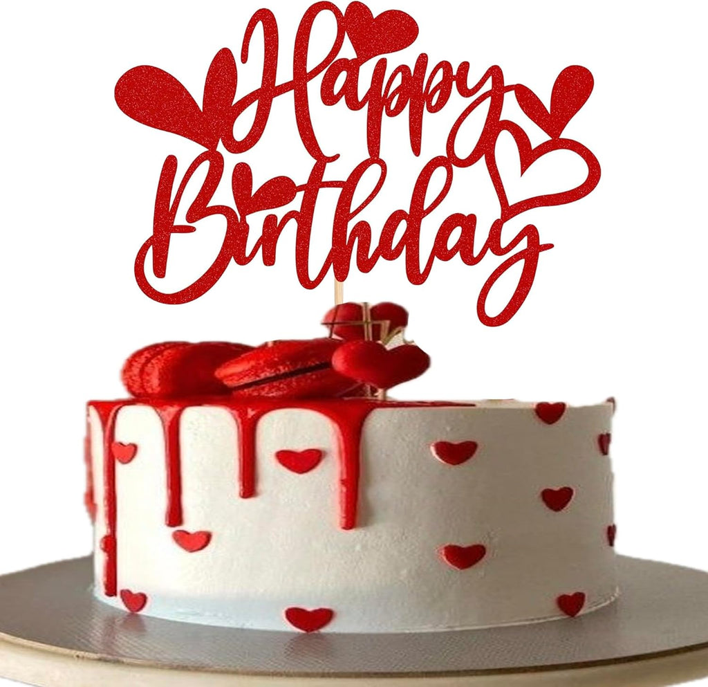 1 Pack Love Heart Happy Birthday Cake Topper Red Glitter Sweet Love Valentine's Day Cake Picks Decorations for Valentine's Day Theme Baby Shower Kids Birthday Party Supplies