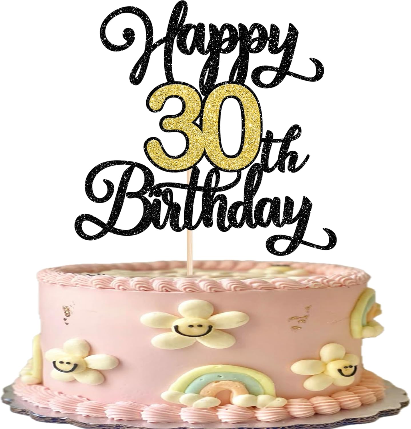 Rsstarxi 1 Pack Happy 30th Birthday Cake Topper Black Gold Glitter Cheers to 30 Years Birthday Sign Cake Pick Hello 30 Theme Cake Decorations for Fabulous Thirty Birthday Party Cake Decorations