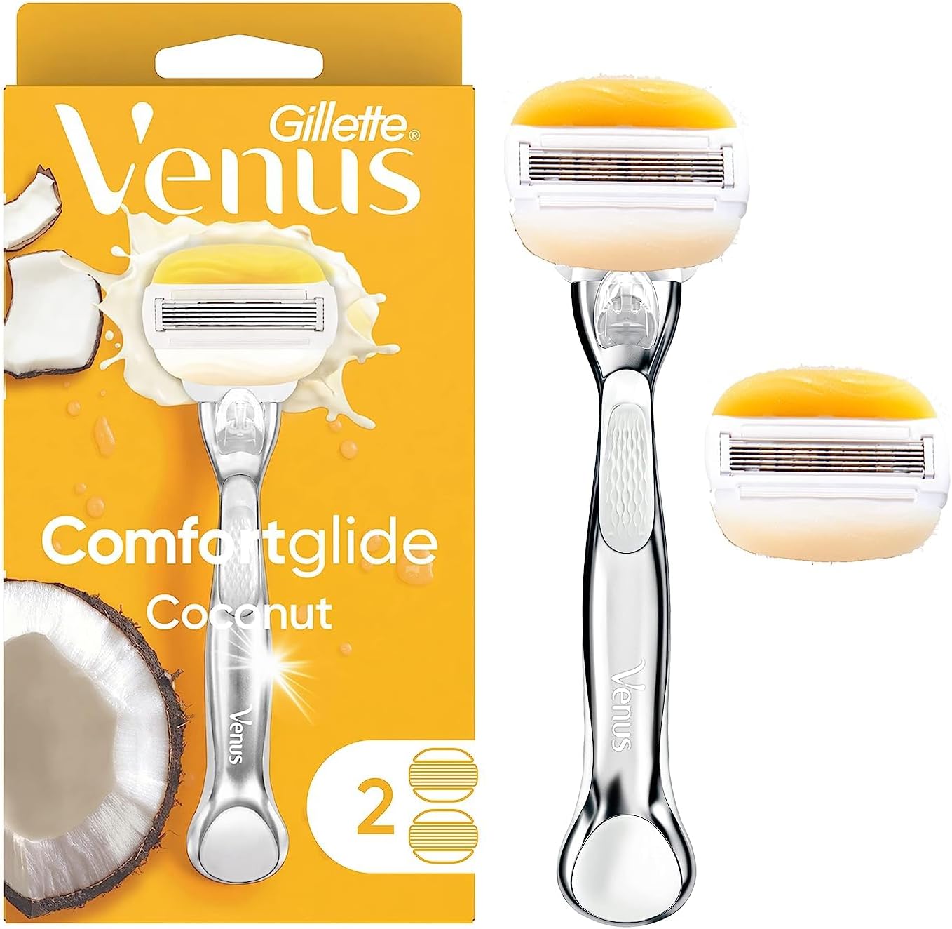 Gillette Venus Comfortglide with Olay Coconut Womens Razor Handle + Blade Refills, Silver, 2 Count