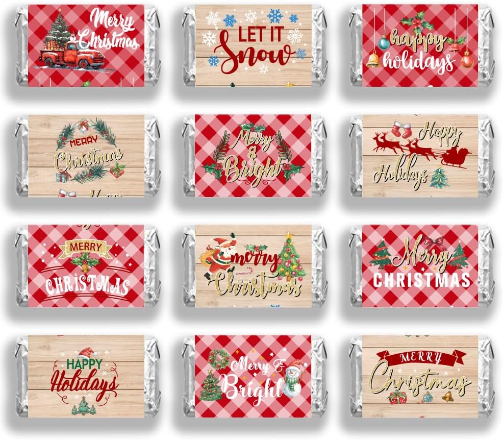 arricraft 120 Pcs Merry Christmas Mini Candy Bar Wrappers, Red Plaid Elk Xmas Tree Chocolate Bar Label Stickers Self Adhesive Stickers for Christmas Winter Holiday Party Favors(No Candy)