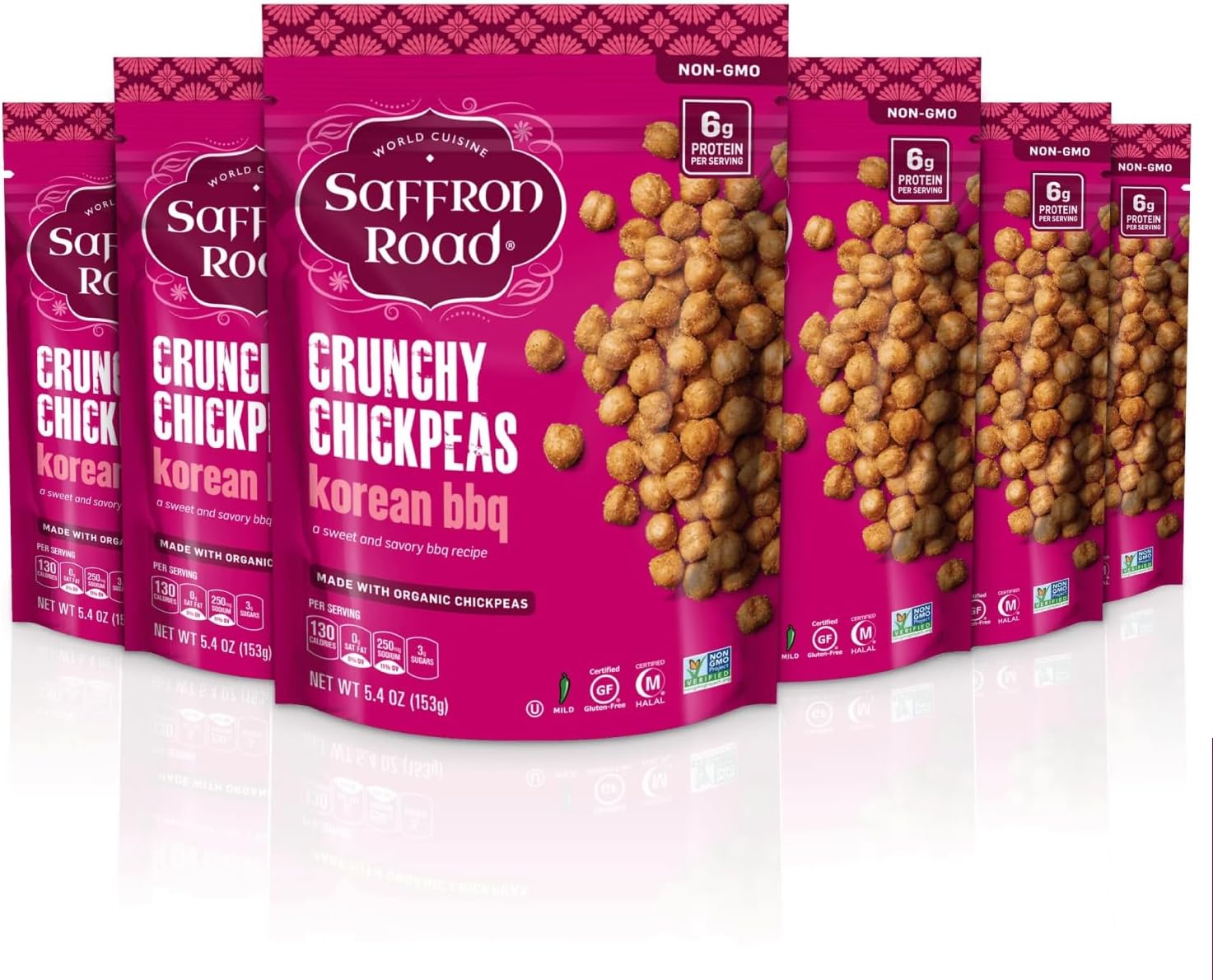 Saffron Road Roasted Korean BBQ Crunchy Chickpeas | High-Protein, Vegan, Gluten-Free, Non-GMO, Halal & Kosher Certified Snack | 5.4 oz Resealable Pouch | Pack of 6