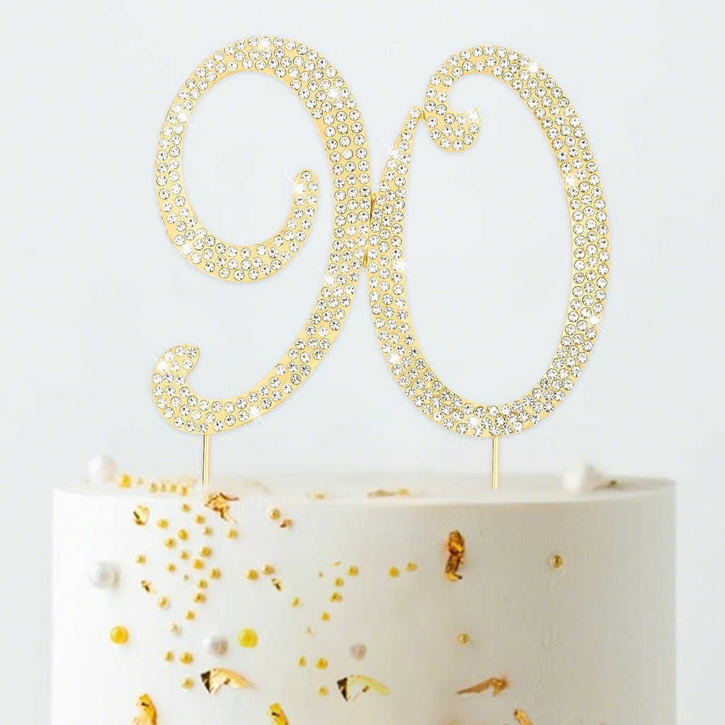 Jaciya 90th Birthday Decorations Happy Birthday Cake Topper, Gold Rhinestone Number 90 Cake Topper