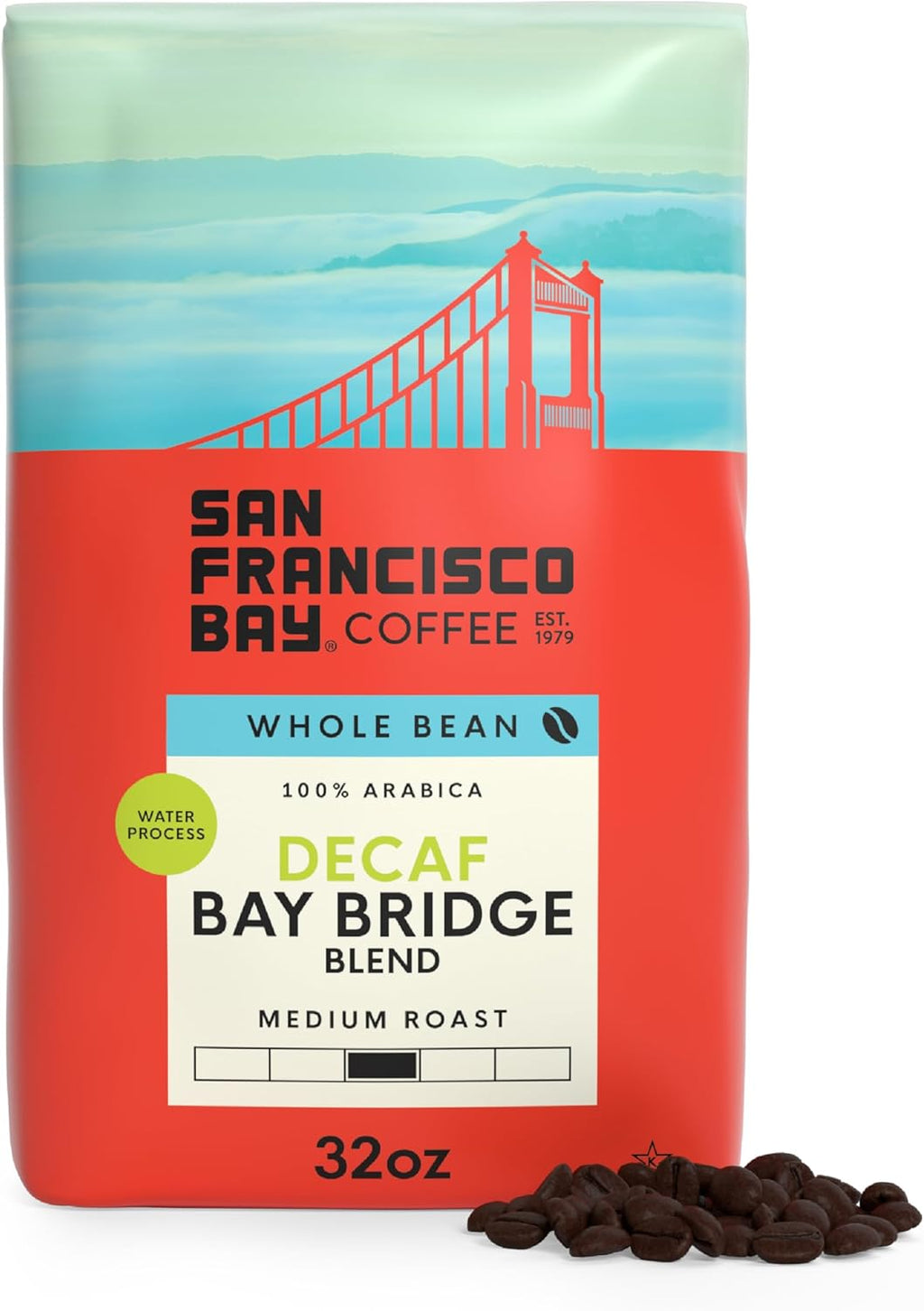 San Francisco Bay Decaf Whole Bean Coffee, Decaf Bay Bridge Blend (32 oz Bag), Medium Roast Coffee Beans, Swiss Water Process