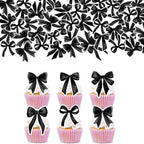 50Pcs Edible Bow Cupcake Toppers Rice Paper Black Bowknot Cupcake Picks Bow Tie Cake Decorations for Bridal Baby Shower Birthday Bachelorette Wedding Party Decorations Supplies