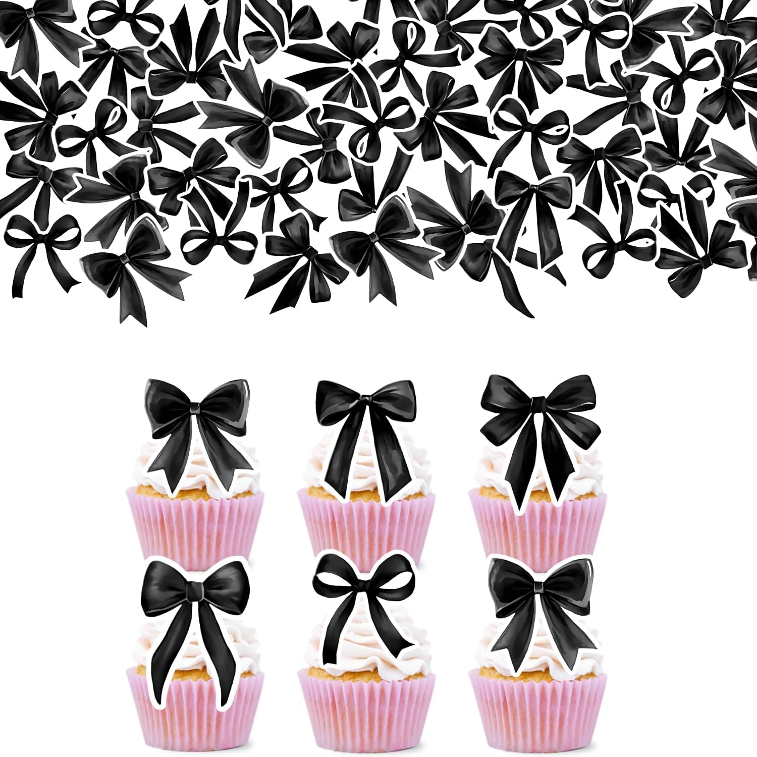 50Pcs Edible Bow Cupcake Toppers Rice Paper Black Bowknot Cupcake Picks Bow Tie Cake Decorations for Bridal Baby Shower Birthday Bachelorette Wedding Party Decorations Supplies