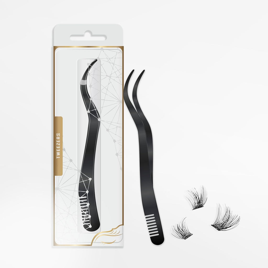 2 in 1 Lash Extension Tweezers with Comb, Stainless Steel Elbow Eyelash Extension Tweezers, Eyelash Tweezers for Lash Extensions, Precise Eyebrow Tweezers Tool for DIY False Eyelashes Clusters, Black