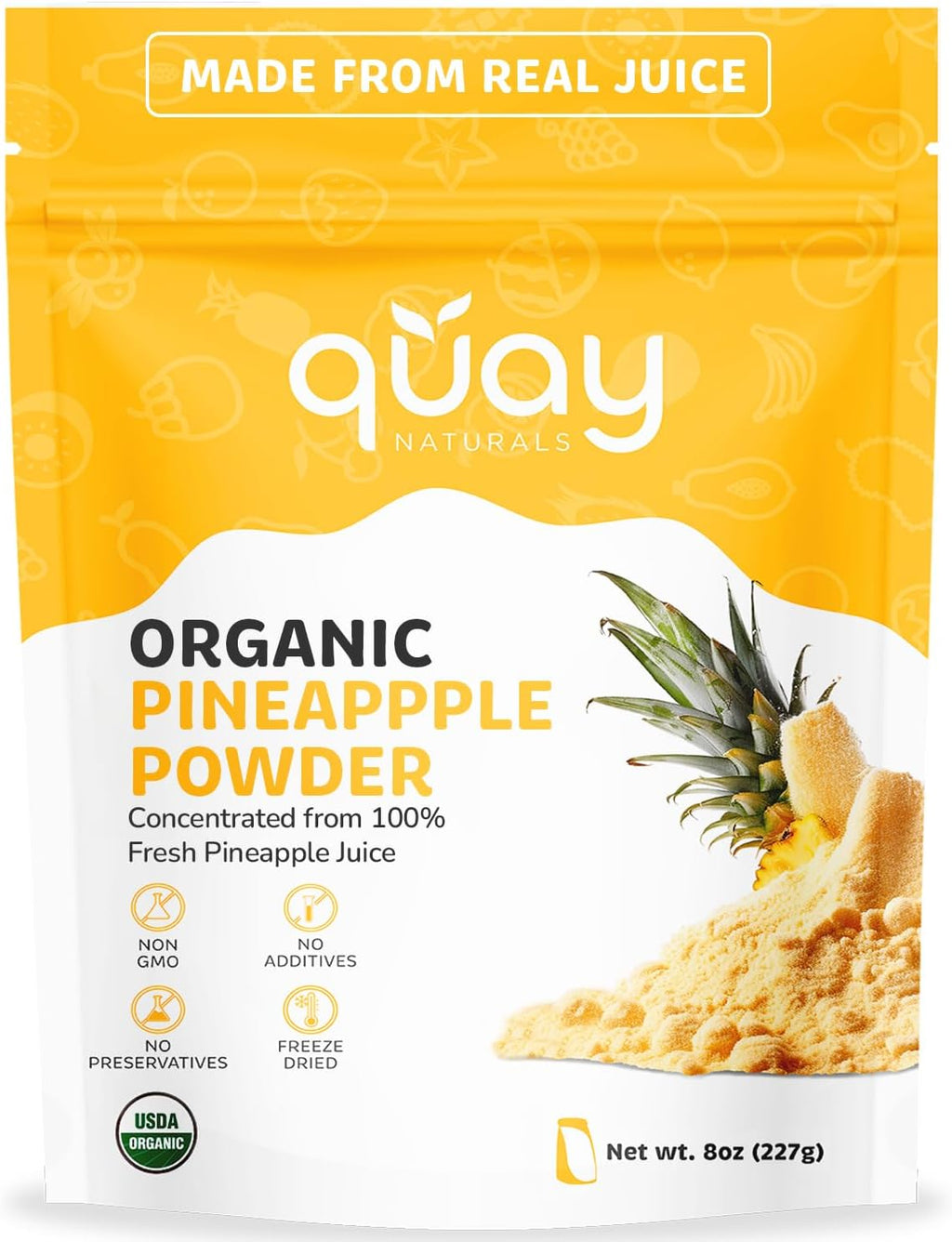 Quay Naturals Organic Pineapple Powder, 8oz, USDA Organic, Freeze-Dried Pineapple Fruit Powder, No Additives, Gluten-Free