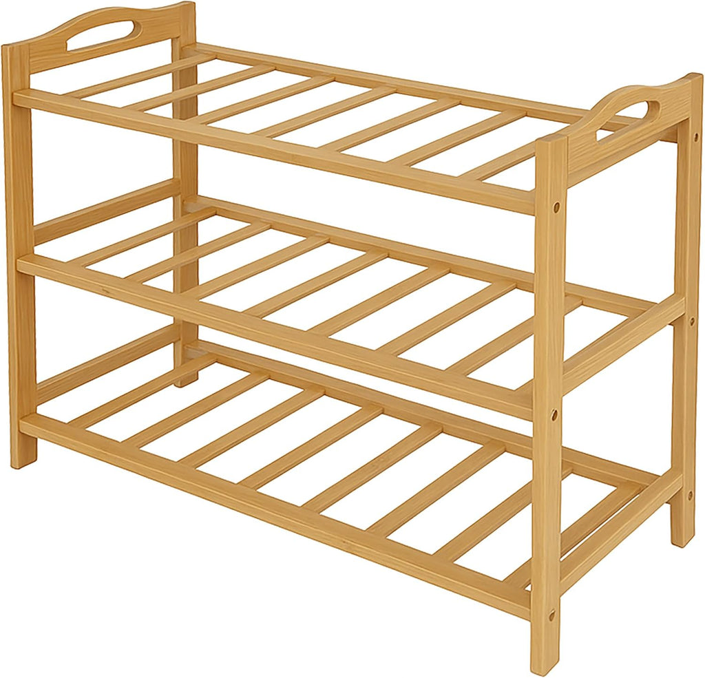 Relaxdays Bamboo Shoe Rack, HxWxD: 48 x 70 x 25 cm, 3 Tiers for 9 Pairs of Shoes, Open Design, Natural Finish