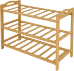 Relaxdays Bamboo Shoe Rack, HxWxD: 48 x 70 x 25 cm, 3 Tiers for 9 Pairs of Shoes, Open Design, Natural Finish