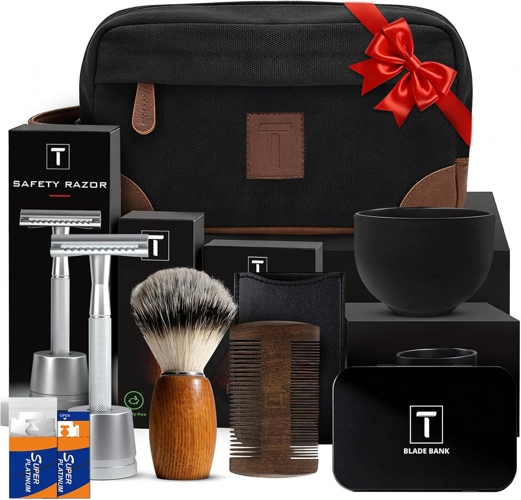 Shaving Kit Gifts for Men, Single Blade Safety Razor Kit, Includes Safety Razor, Double Edge Blades, Blade Container, Razor Stand, Shaving Brush & Bowl, Beard Comb, Travel Toiletry Bag