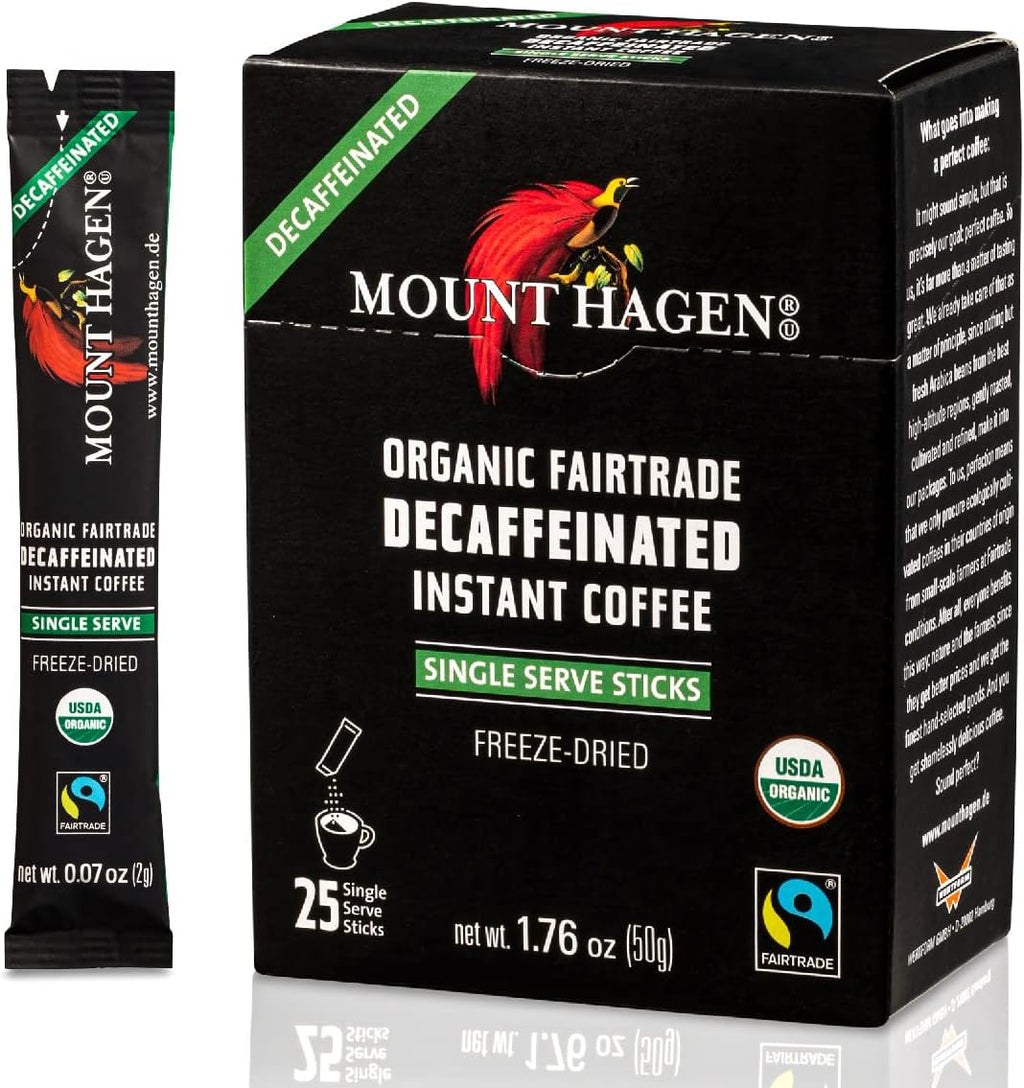 Mount Hagen 25 Count Single Serve Instant Decaf Coffee Packets - 1 Pack | Decaffeinated Organic Medium Roast Arabica Beans | Eco-friendly, Fair-Trade [1 x 25 sticks/1.76oz/50g]