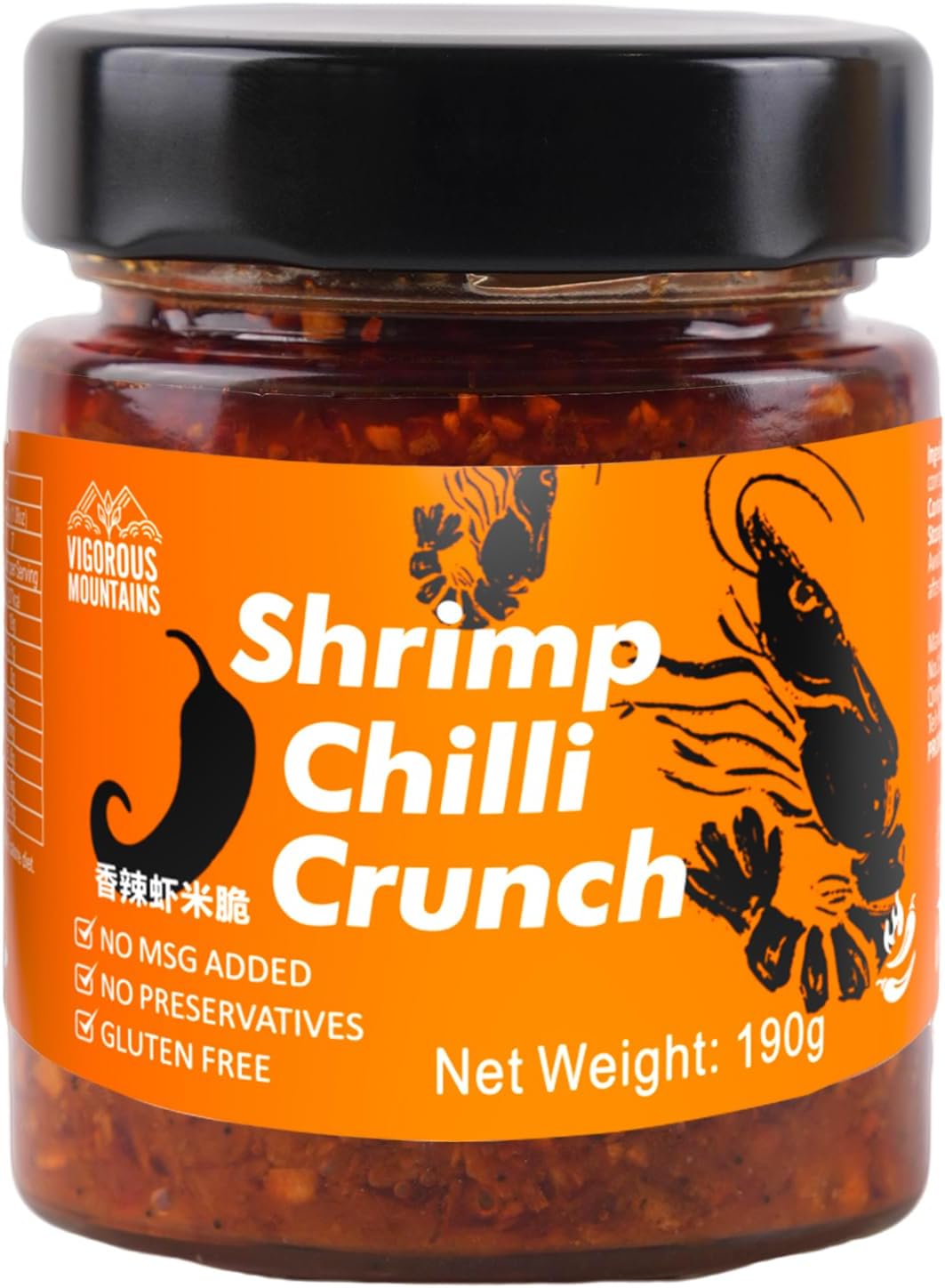 VIGOROUS MOUNTAINS Shrimp Chili Crisp - 11% Real Shrimp, Crunchy Shrimp Paste for Cooking, No MSG Gluten Free, High Protein Seafood Condiment for Pasta, Salads, Rice, Risotto, Pizza - 6.7 oz (190g)