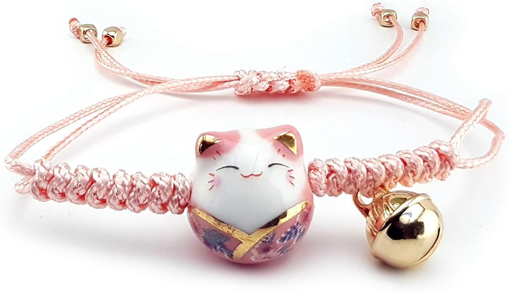 Omky Lucky Cat Maneki Neko Bacelet Adjustable | 6 Colors | Ceramic Bead (Pink)