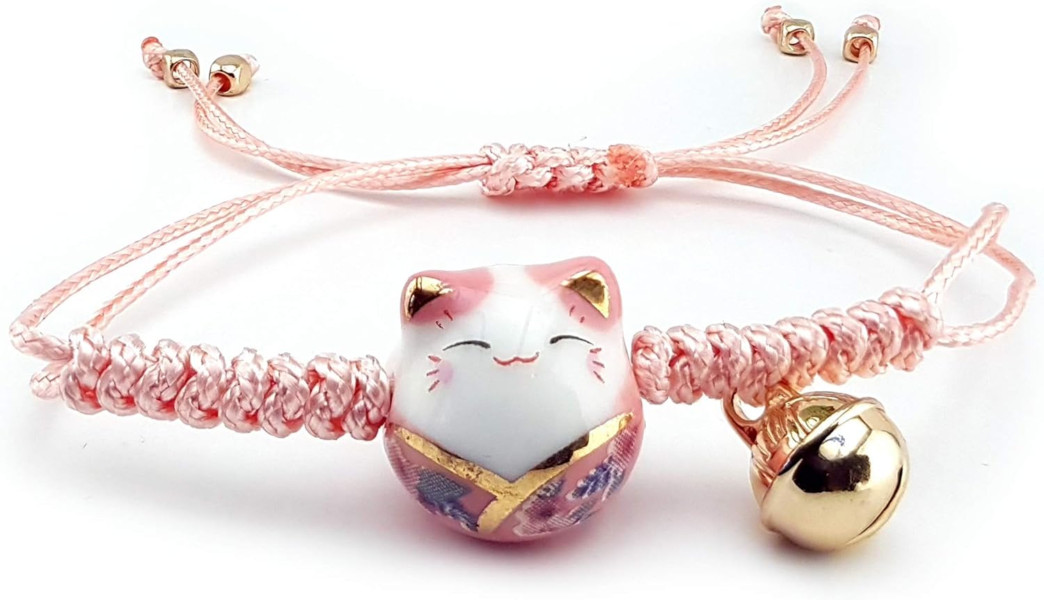 Omky Lucky Cat Maneki Neko Bacelet Adjustable | 6 Colors | Ceramic Bead (Pink)