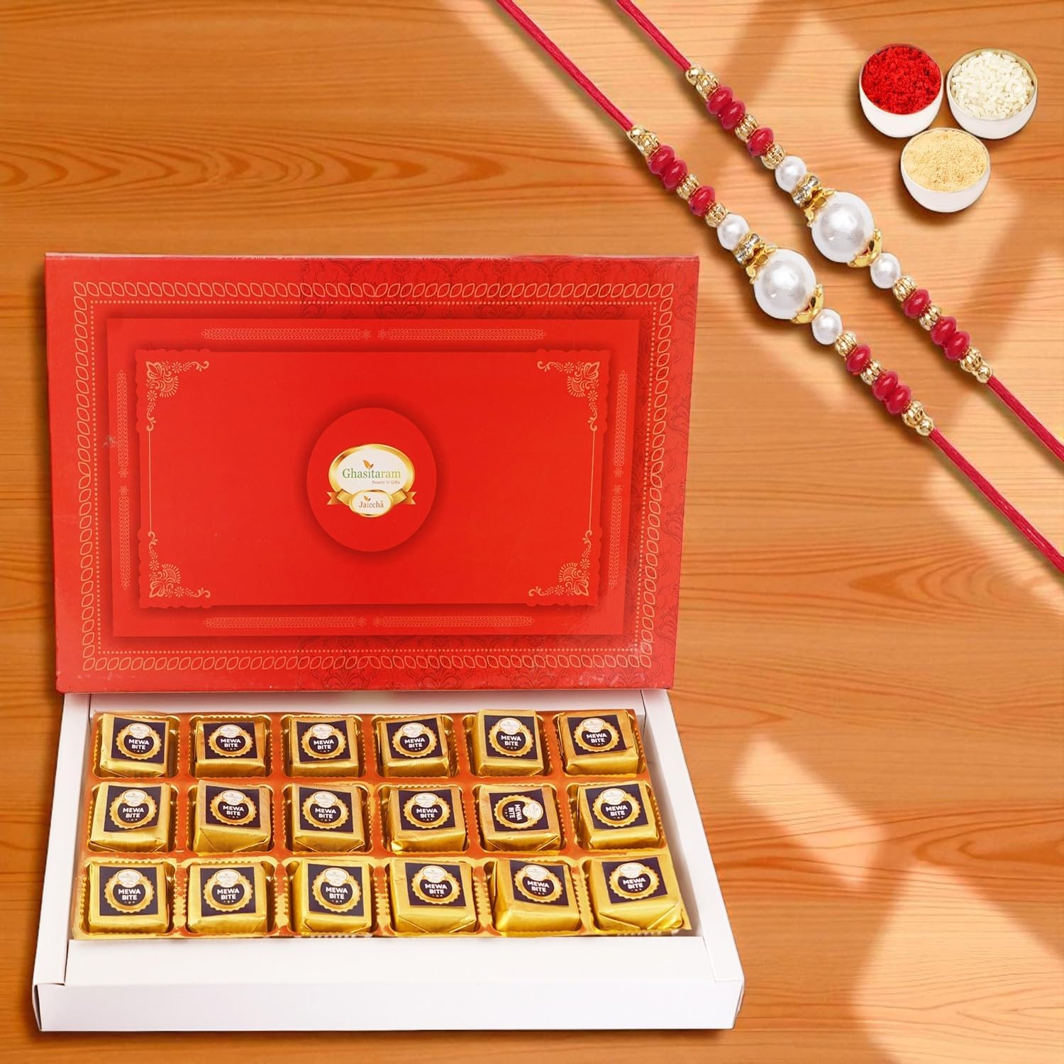 Ghasitaram Gifts Jaiccha Rakhi Gifts for Brothers Mewa bites Box18 pcswith 2 Rakhis
