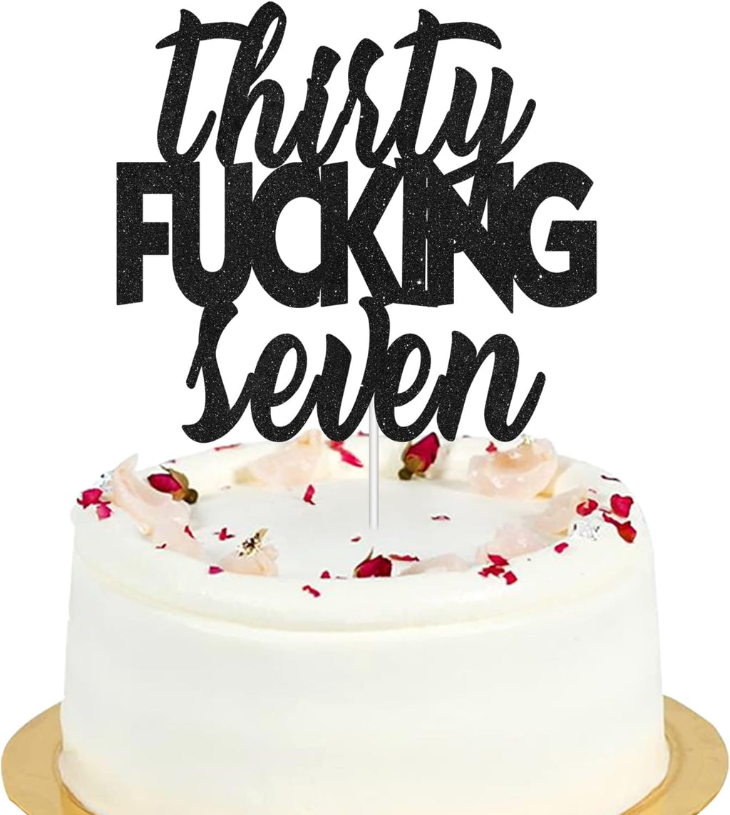 Thirty-Seven Glitter Black Happy Birthday Cake Topper - Cheers To 37th Birthday - 37 Years Old Anniversary Party Cake Centerpieces Topper Decorations