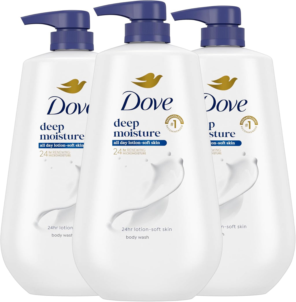 Dove Body Wash with Pump 3 Count Deep Moisture for 24hr Lotion-Soft Skin Moisture Moisturizing Skin Cleanser with No Sulfates No Parabens