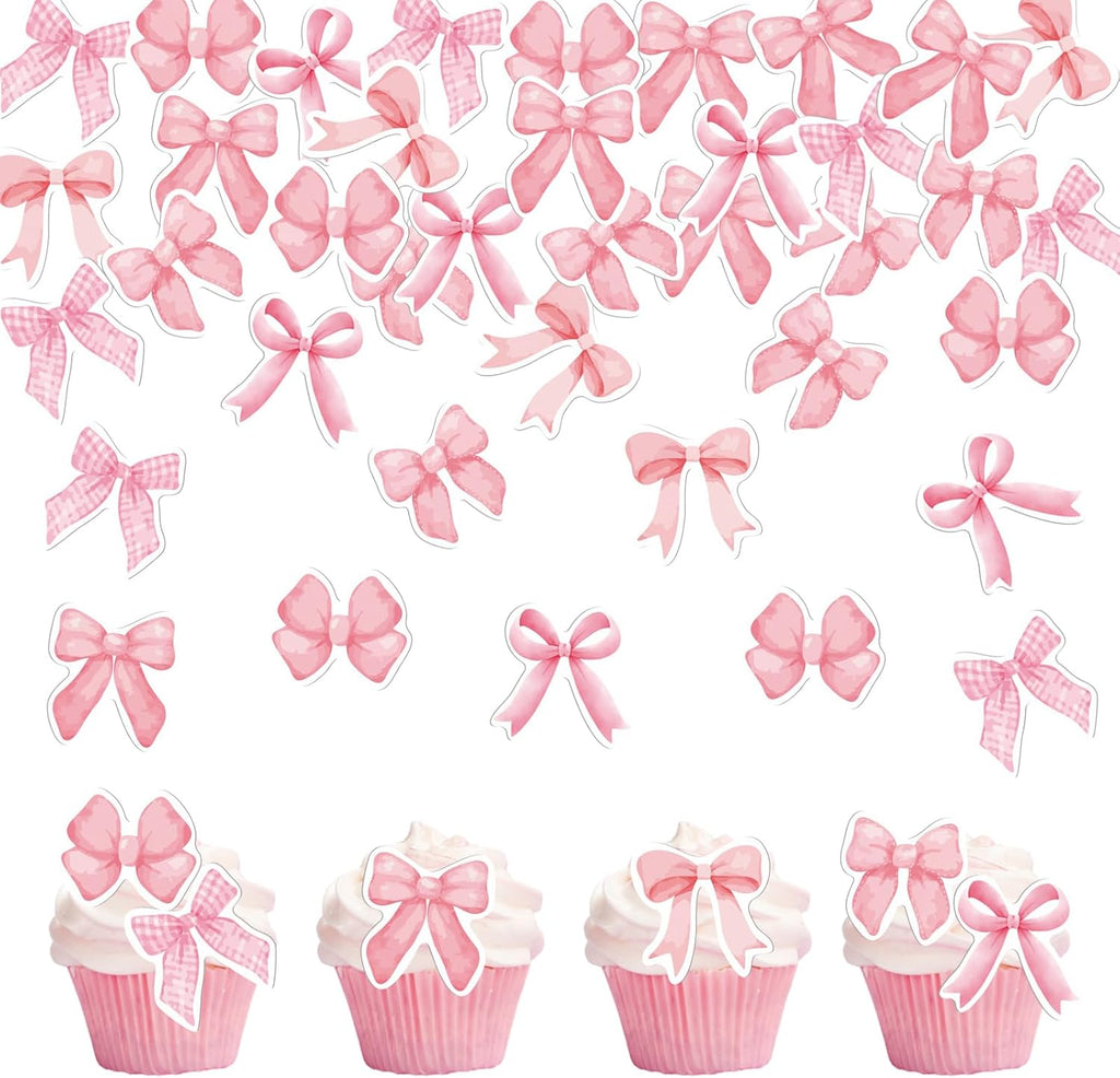 30PCS Edible Bow Cupcake Toppers Wafer Paper Bowknot Cake Decoration She is Trying the Knot Cupcake Toppers Edible Coquette Bows for Bow Theme Birthday Party Decoration Supplies (Pink)