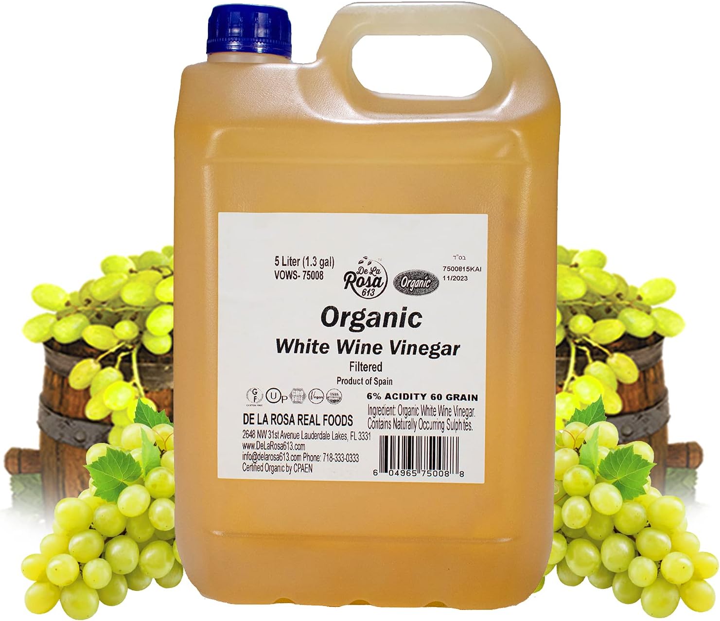 De La Rosa Organic White Wine Vinegar, Aged in Spanish Wood Barrels, Vegan, Non-GMO & Gluten Free, Kosher for Passover, Great for Salad Dressings, Marinades and More, 5 Liter (Pack of 1)