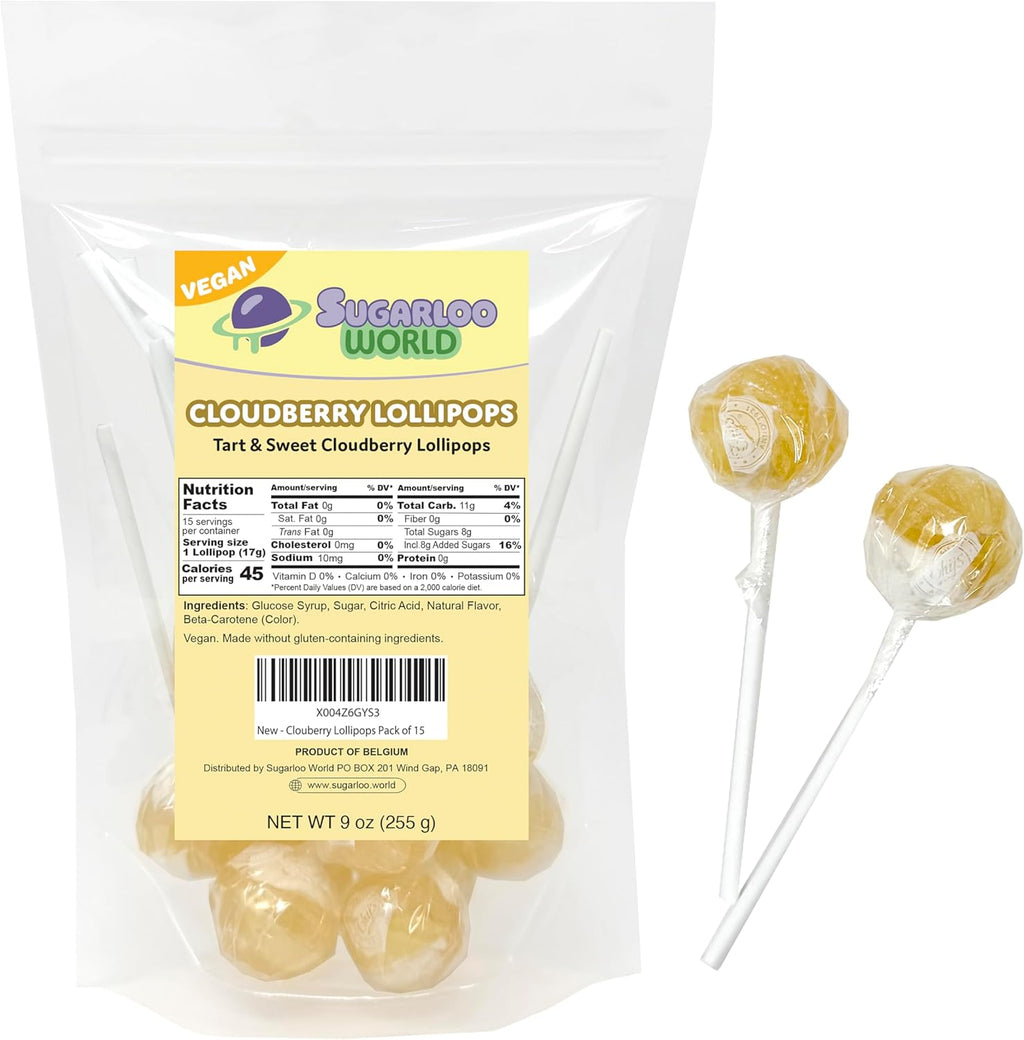 Cloudberry Dye Free Candy Lollipops, Individually Wrapped European Candy, Vegan Lollipops 15 Pack