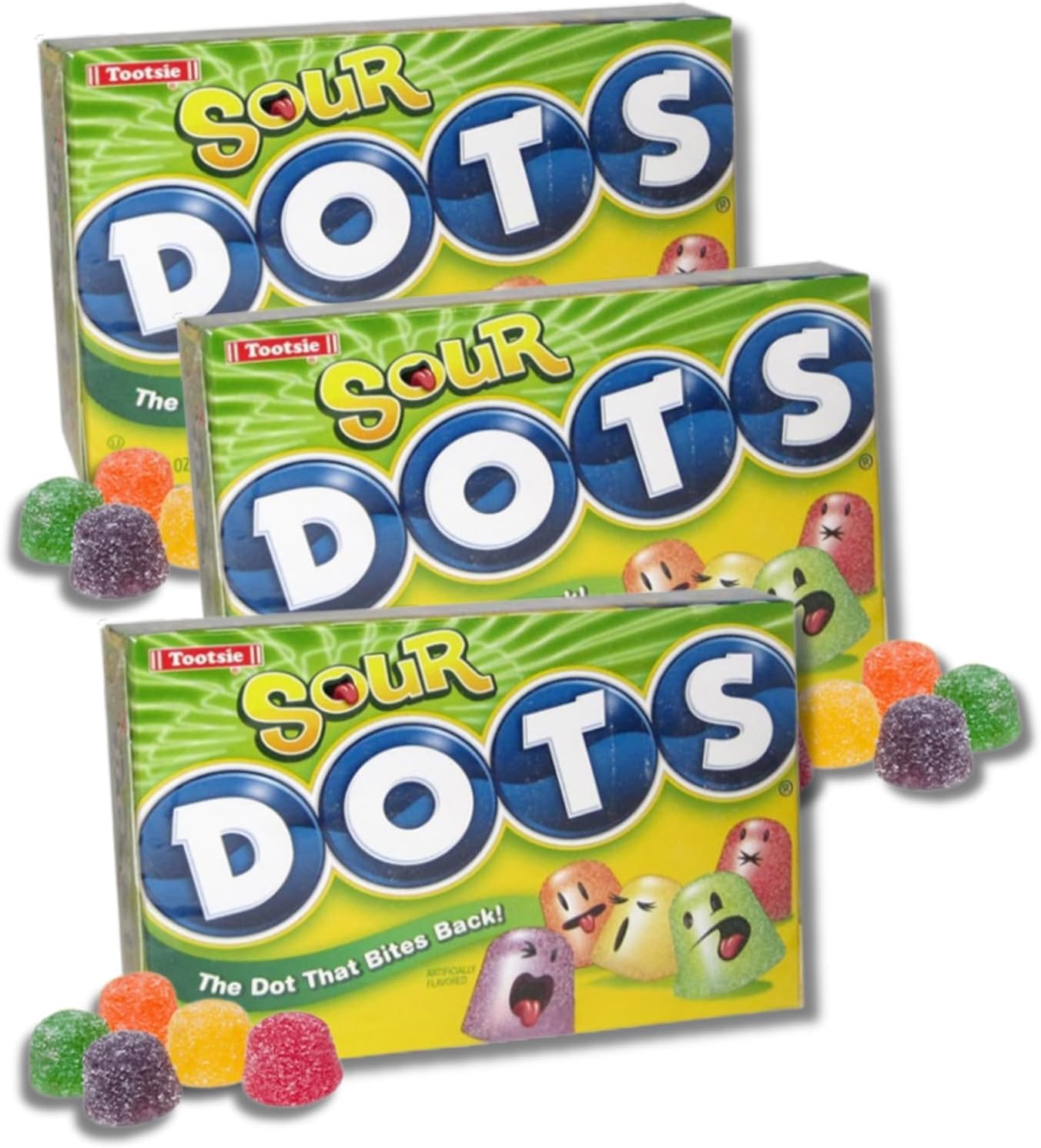 SOUR Dots - Pack of 3 - Sour Assorted Fruit Flavored Gumdrops - 7 oz. Movie Theater Boxes