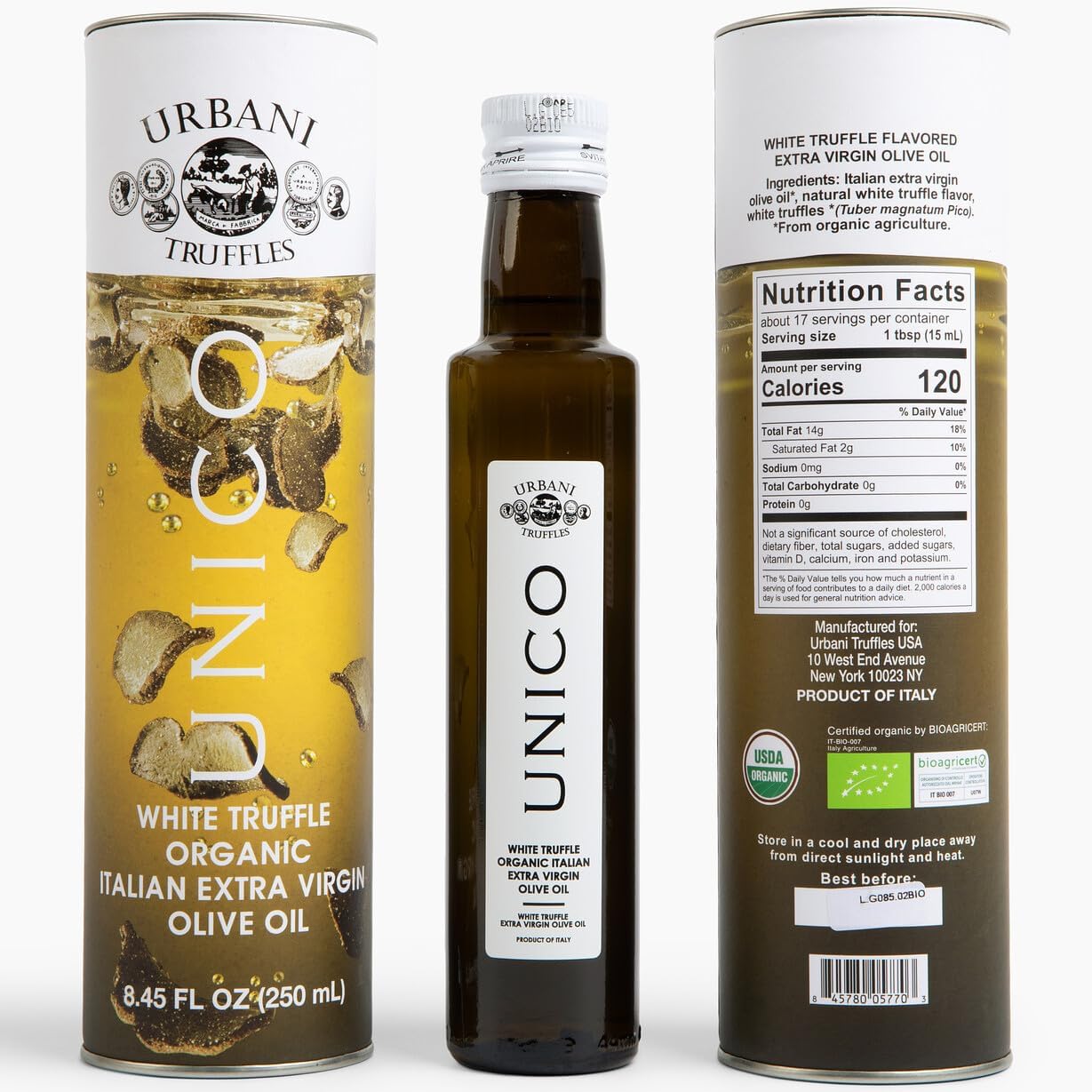 Urbani Truffles Unico White Truffle Oil 8.4 Fl Oz, Made w/Extra Virgin Olive Oil & Real Truffle Pieces, Italian Gourmet Flavored Oils for Cooking Pasta, Salads, Pizza, Fish, Meat, All-Natural & Vegan