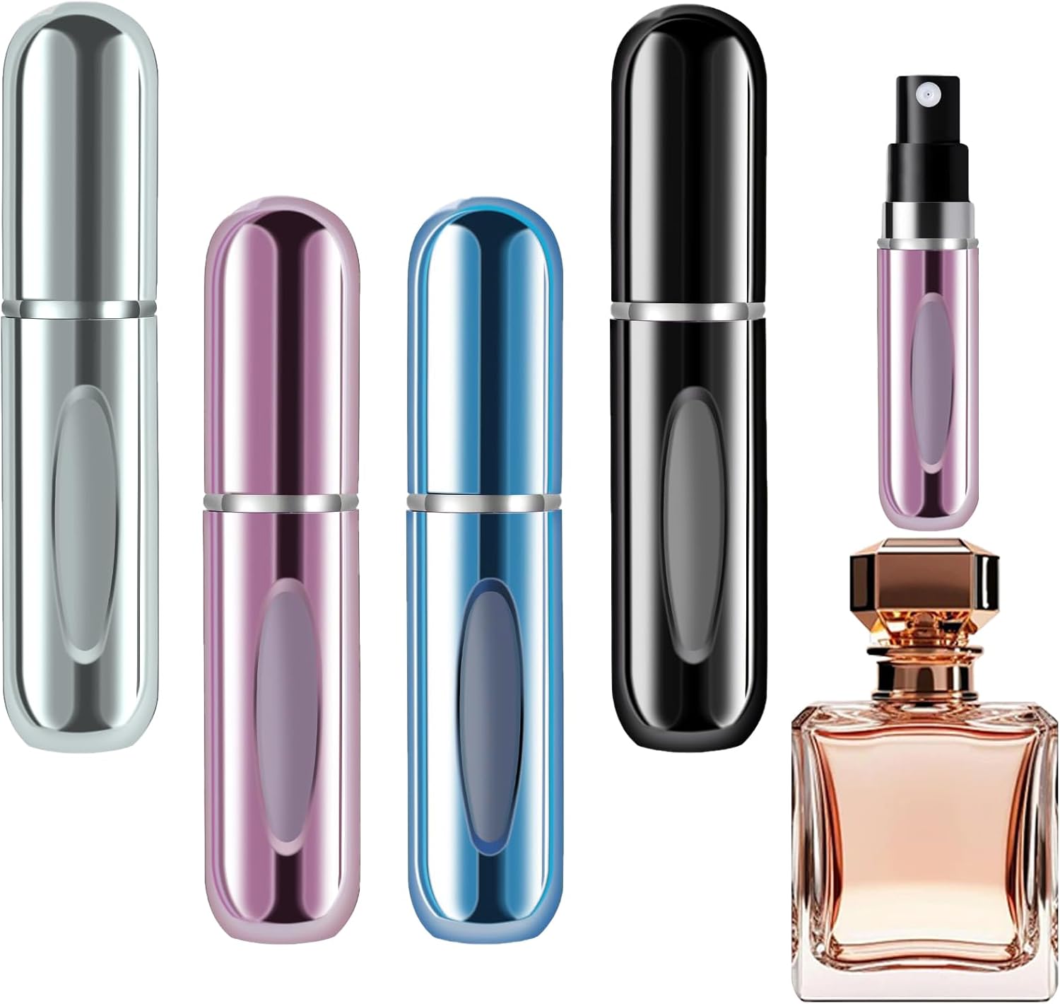 opasyo 4 Pcs Mini Refillable Perfume Portable Atomizer Bottle, 5ml Bottom-Fill Perfume Spray Scent Dispenser, Leak-Proof Travel Pump for Cologne, Aftershave & Purse (Silver/Pink/Blue/Black/)