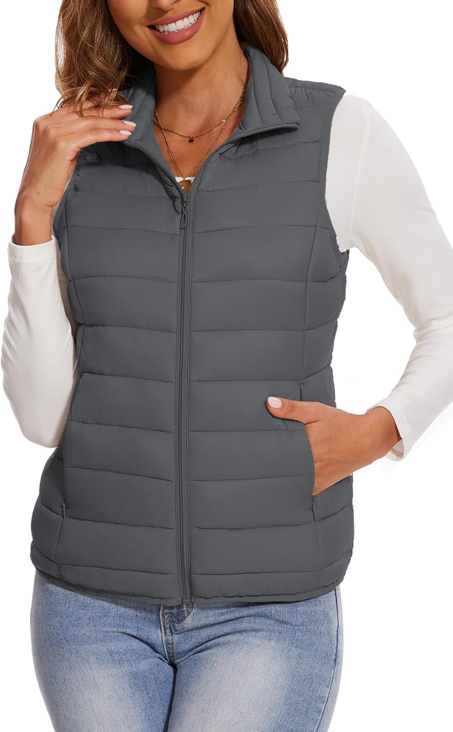 SMENG Women's Lightweight Quilted Puffer Vest Sleeveless Stand Collar Zip-Up Padded Outerwear Gilet
