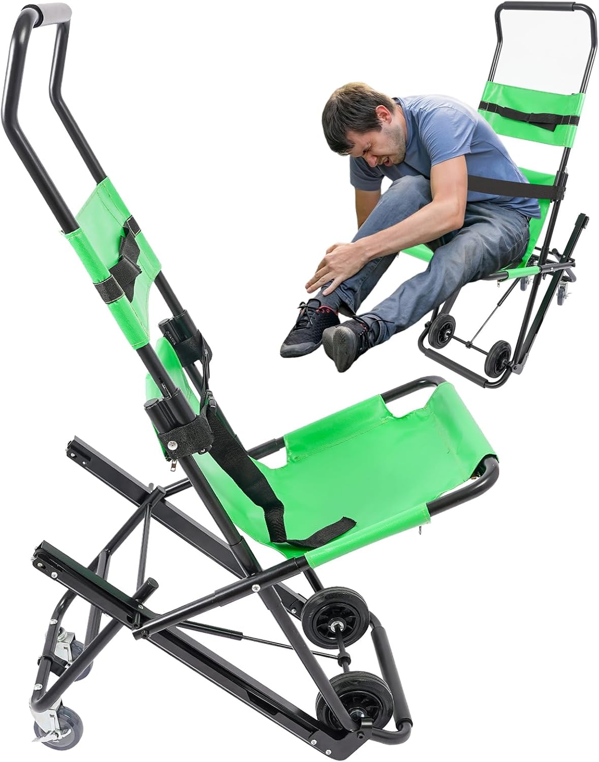 Portable Folding Stair Chair, 350lbs Capacity Emergency Evacuation Wheelchair, Track Design, Adjustable Headrest & Belts, No Assembly, Aluminum Alloy for Fire Ambulance Hospital Home (Green)