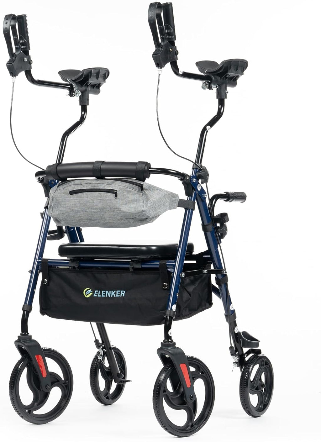 ELENKER Upright Rollator Walker, Stand Up Walkers for Seniors with Armrest, Front Pouch, 10”Wheels, Sponge Padded Seat and Backrest, Fully Adjustment Frame, Blue