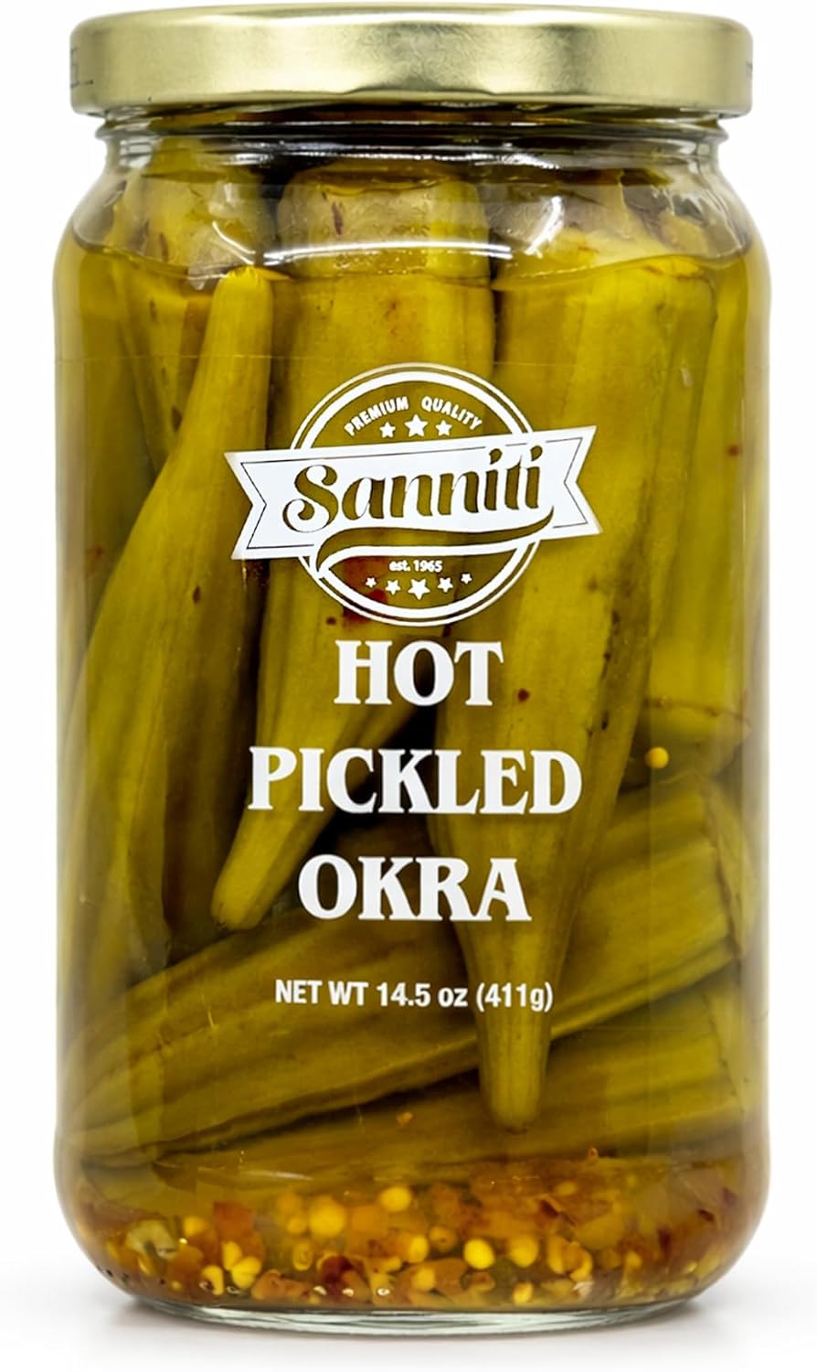 Sanniti Hot Pickled Okra | Infused with Crushed Red Pepper | Crunchy and Fiery Heat | 14.5 oz