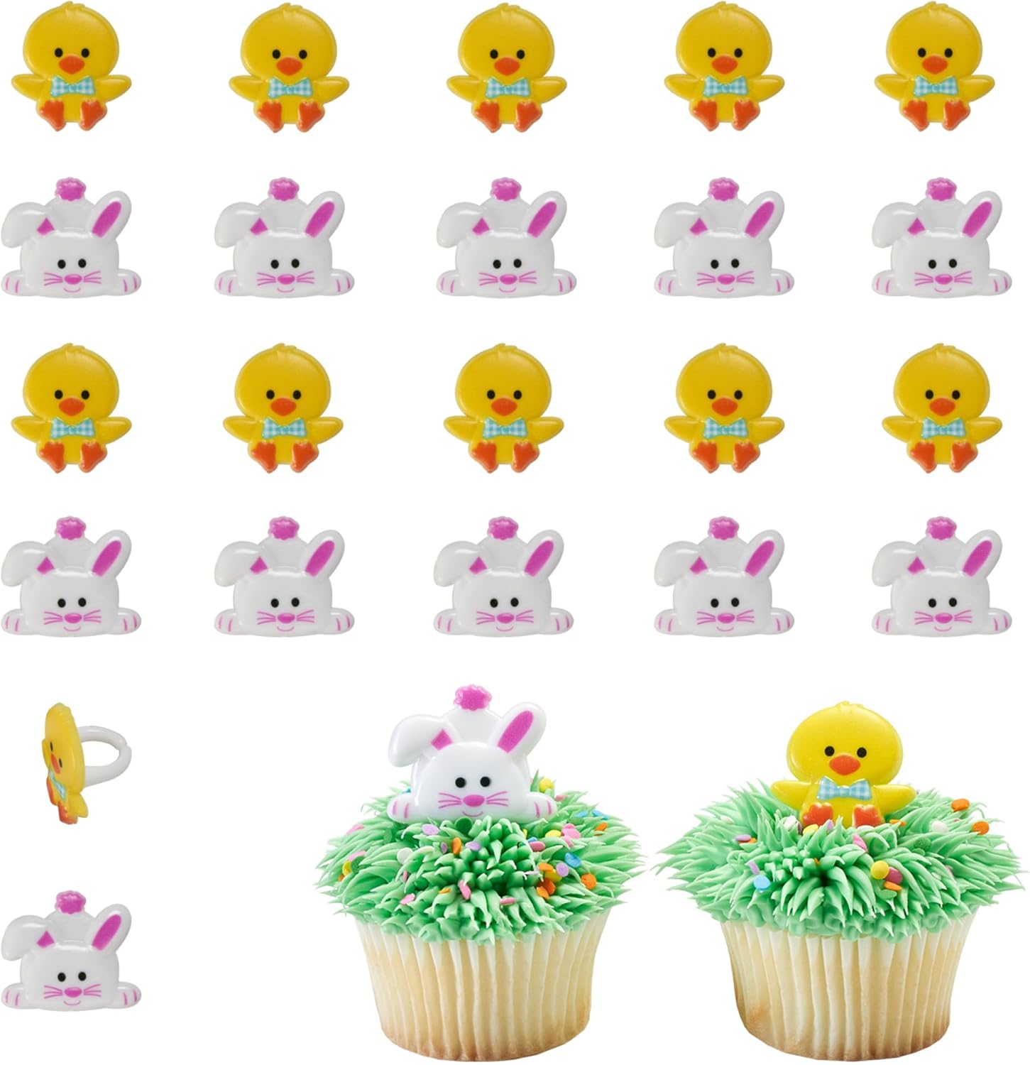 Duck & Bunny Easter Cupcake Rings, 24 Cute Spring Animal Cupcake Toppers, Food Safe Rabbit & Chick Cake Decorations - 24 Pack