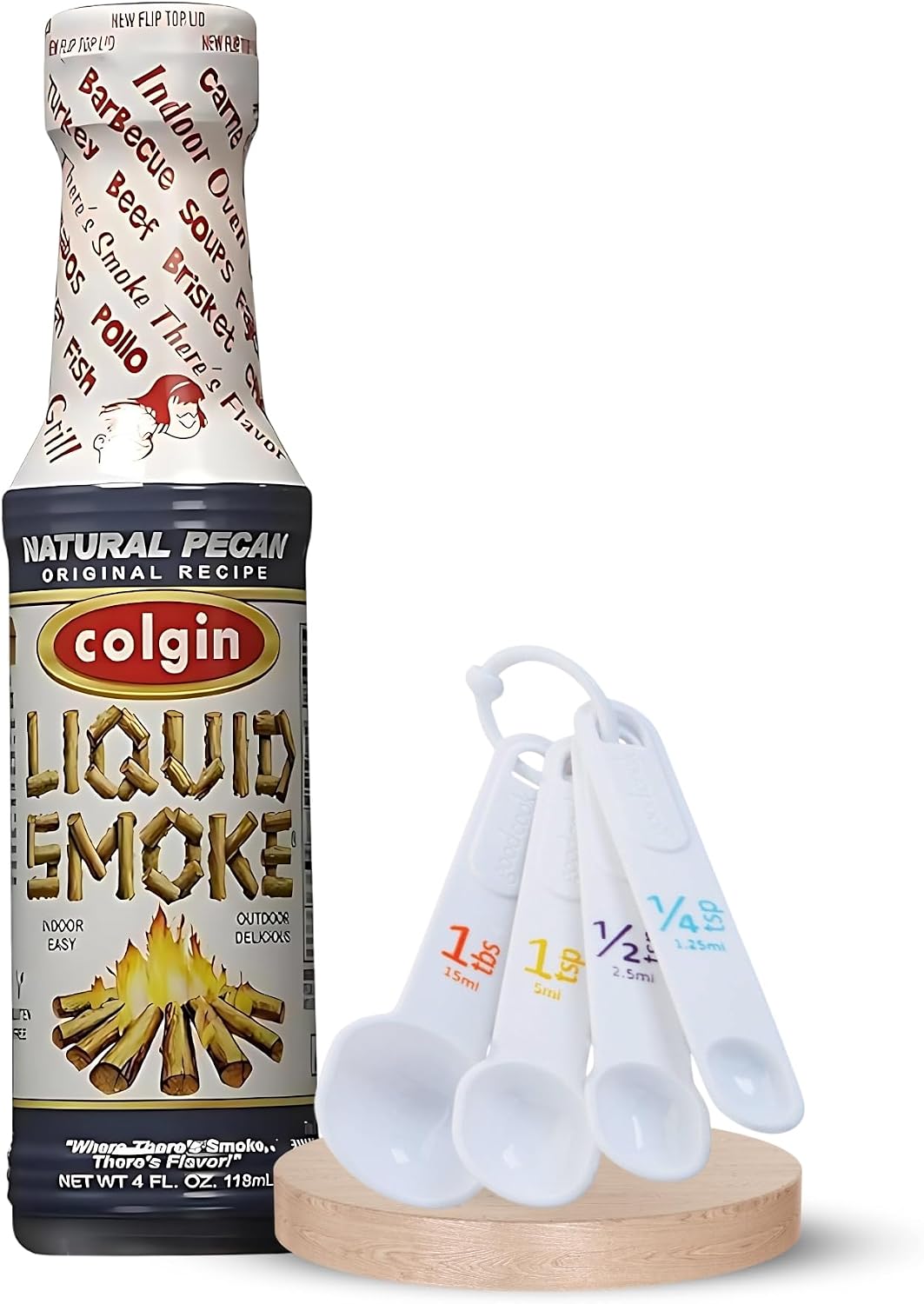 Colgin Authentic Pecan Liquid Smoke 4 oz Bundle with Measuring Spoon Set – Sweet, Nutty Smokehouse Flavor for Meats, Sauces & More – Colgin Liquid Smoke for Cooking – Gift Set (2 Items)