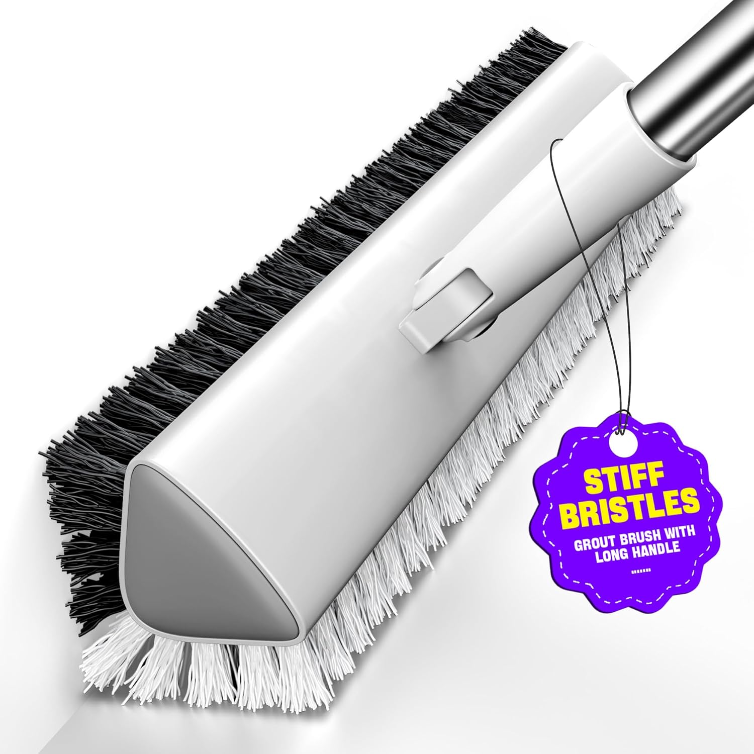 Grout Brush with Long Heavy Duty Handle, 180° Swivel Floor Scrub Brush, V-Shaped Grout Line Scrubber with Stiff Bristles, Cleaning Brush for Deep Cleaning Tile Grout, Shower, Kitchen, and Concrete