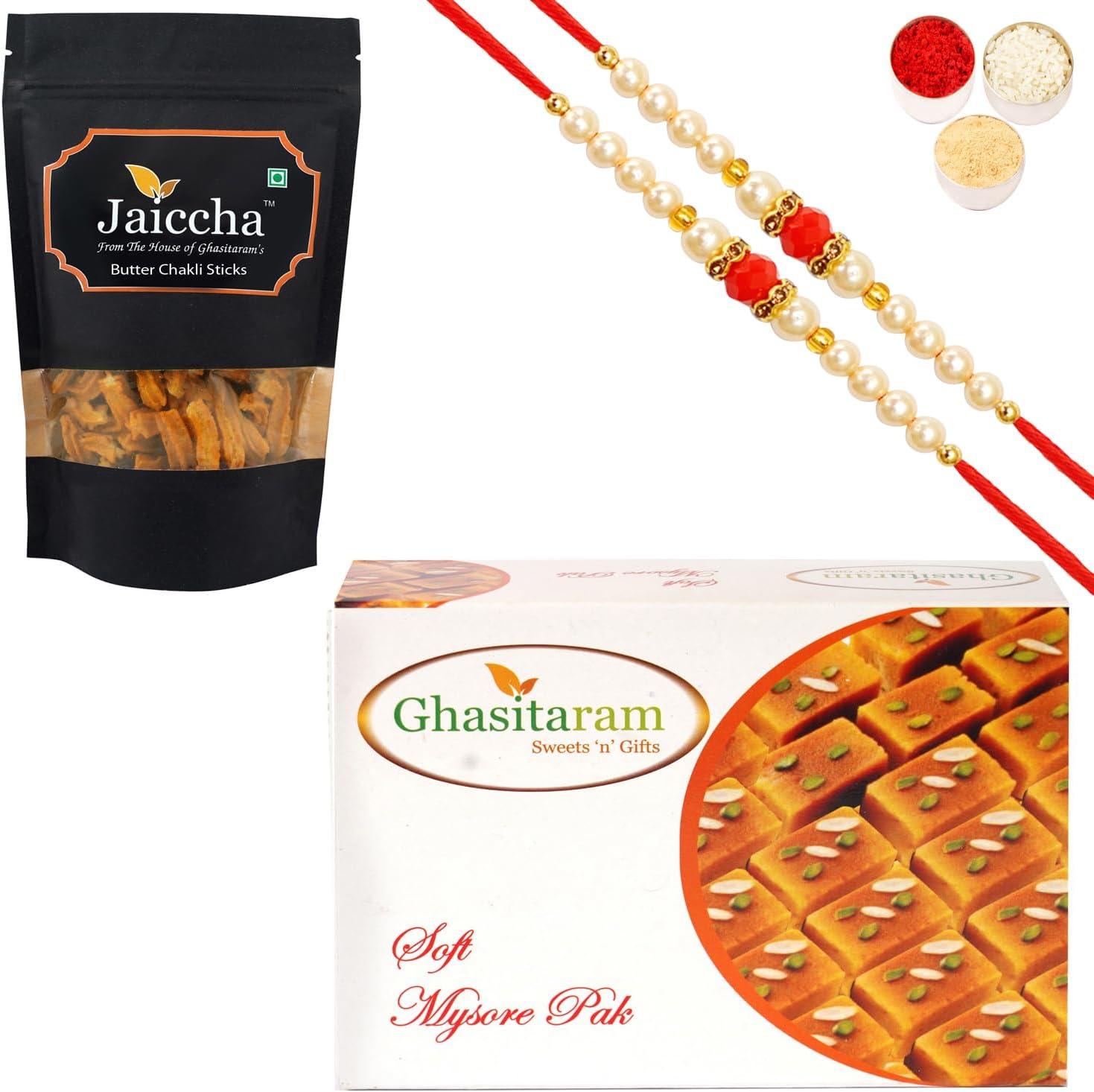 Ghasitaram Gifts Rakhi Gifts for Brothers Rakhi Sweets - Best of 2 Mysore Pak and Butter Chakli Sticks Pouch with 2 Pearl Beads Rakhis