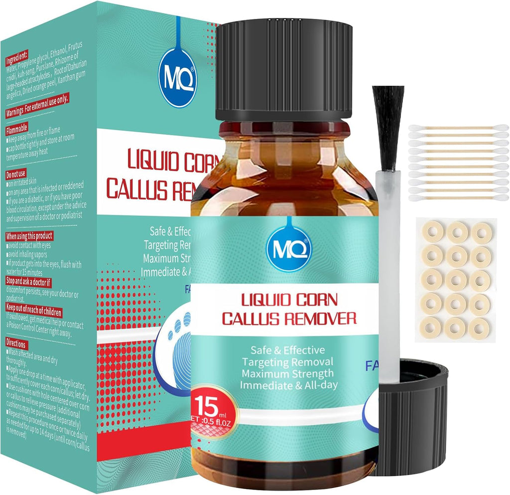 MQ Professional Corn & Callus Remover Liquid for Feet & Toes – Fast Acting for Corn Removal, Hard Skin & Dead Skin – Includes 15ML Solution + 15 Cushions + 10 Swabs – Effective Foot Care Solution