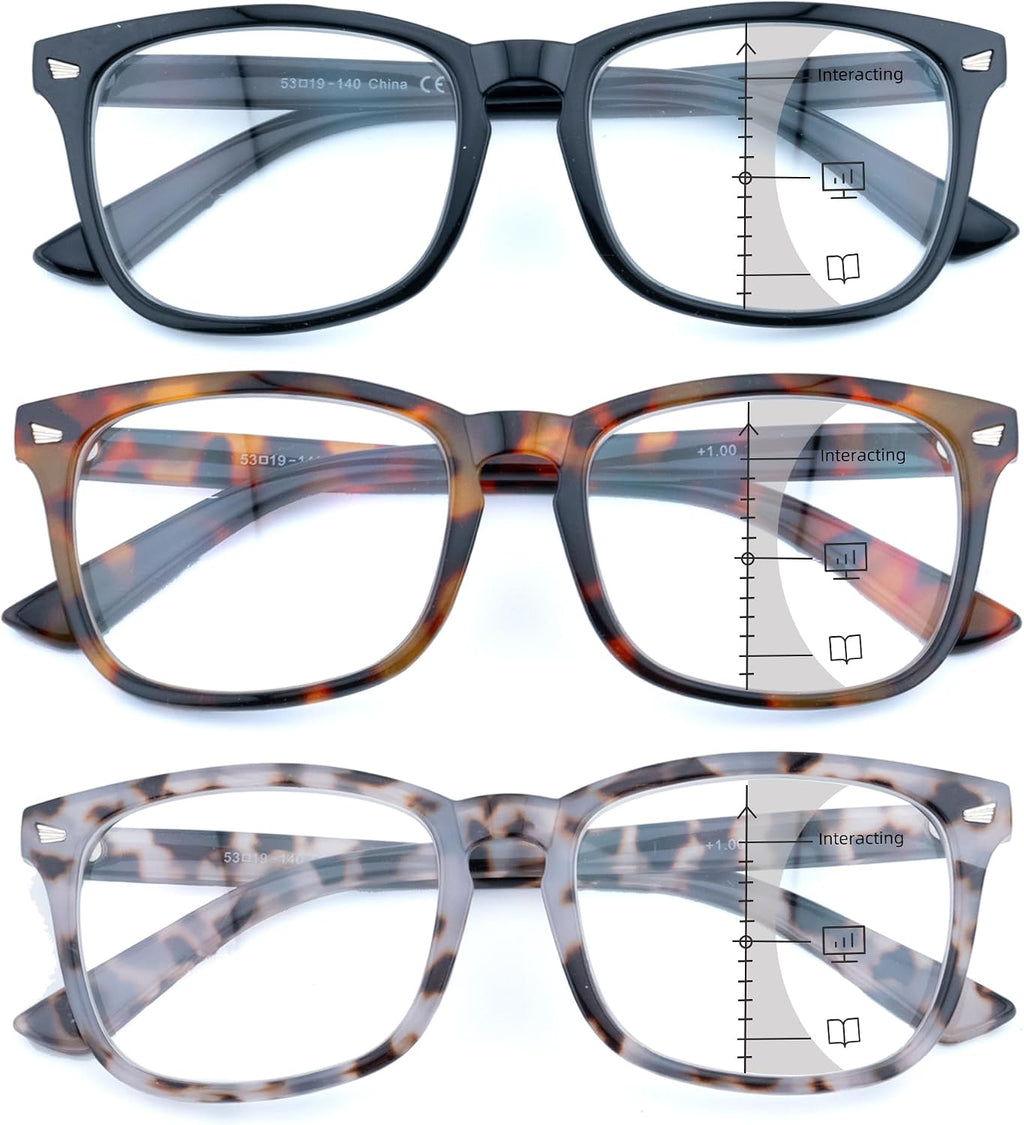 3 Pack Progressive Multifocus Reading Glasses for Women Men Multifocal Readers PC Frame Fixed Hinge Eyewear,+1.75