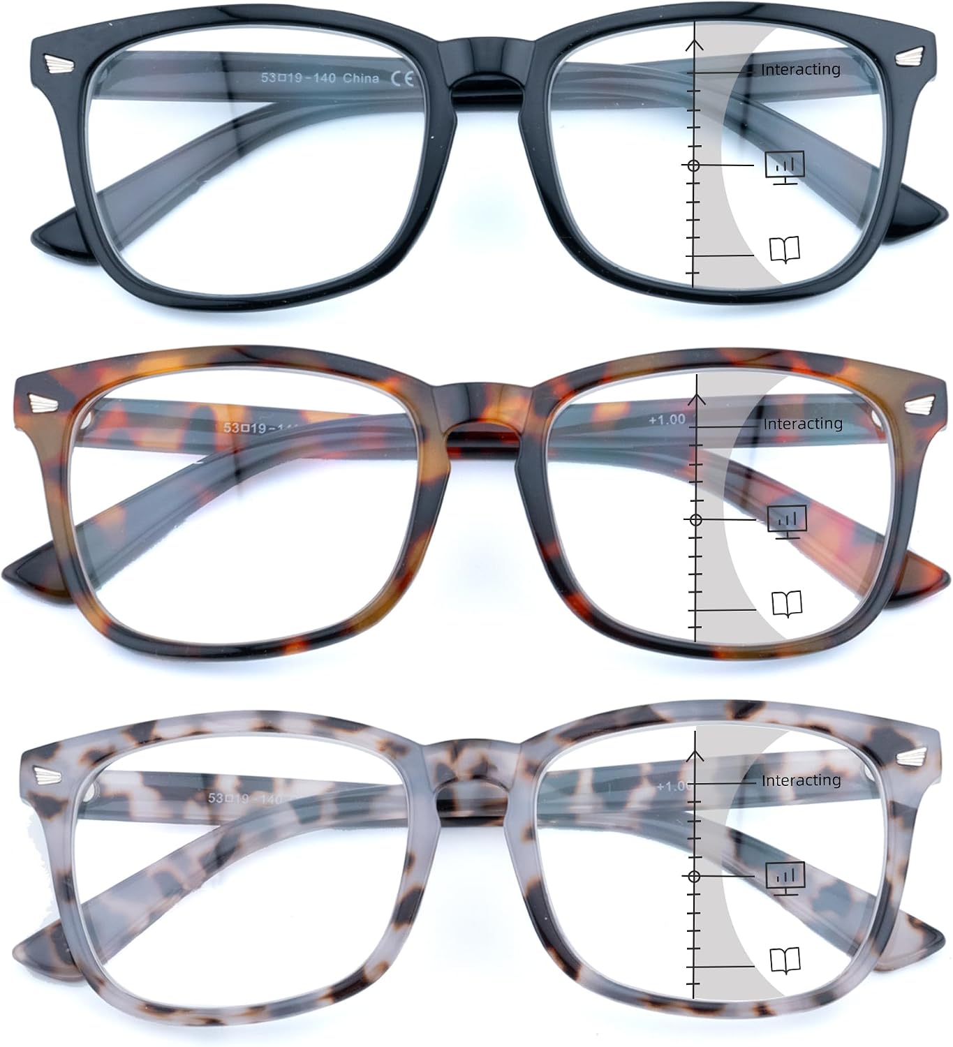 3 Pack Progressive Multifocus Reading Glasses for Women Men Multifocal Readers PC Frame Fixed Hinge Eyewear,+1.75